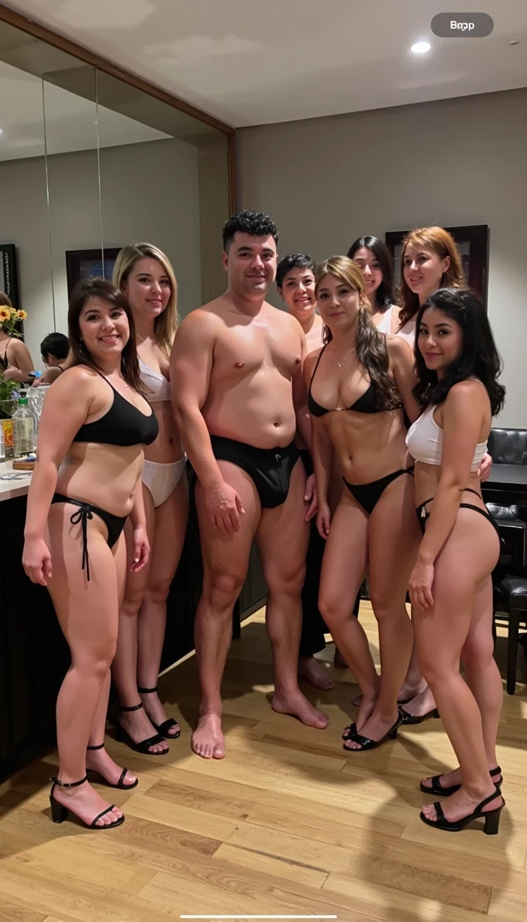 photo of man CSTMDL, fully clothed, with 6 Korean women in hooters outfit around him