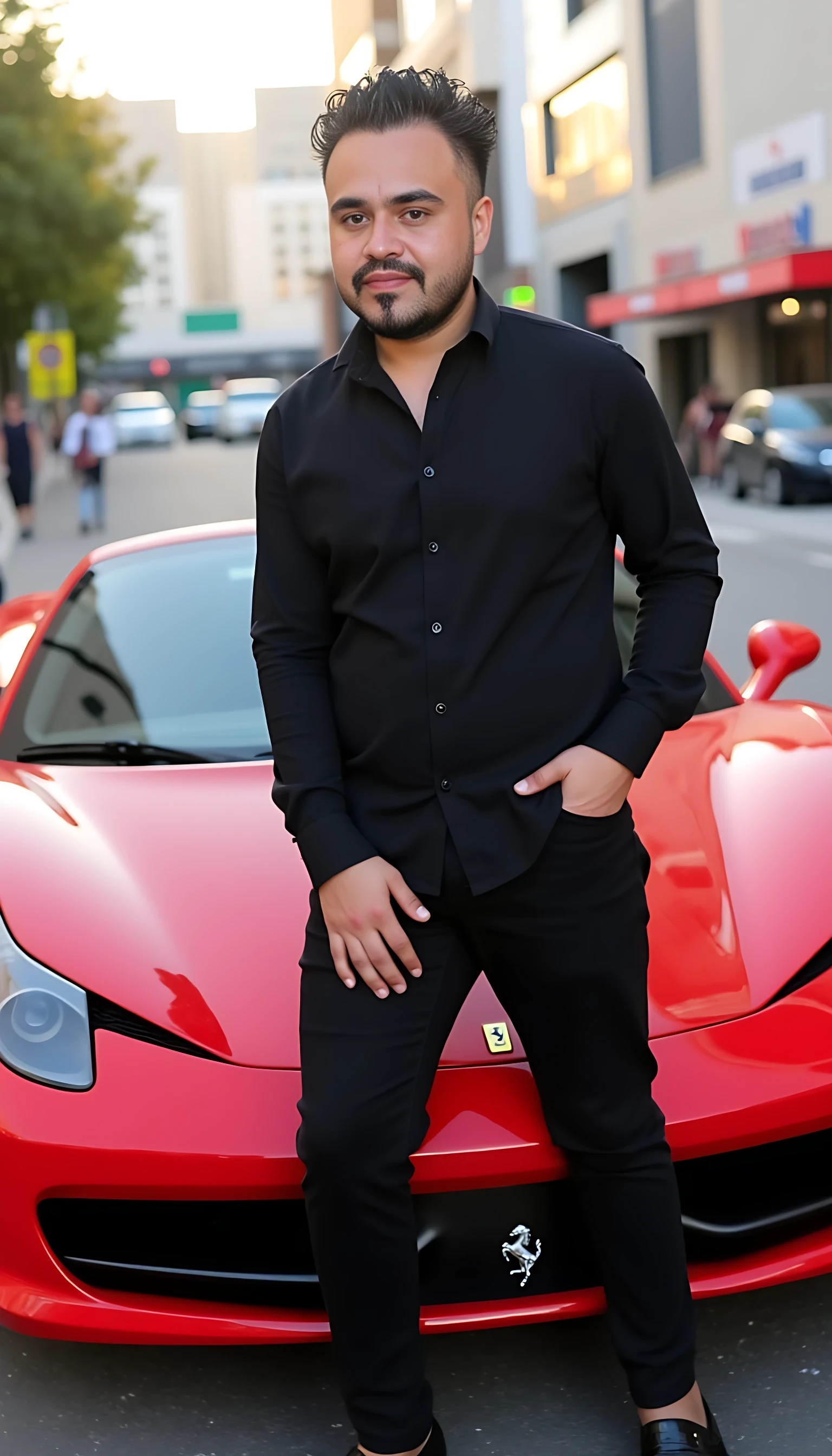 full man average body  wearing a  black dress shirt posing on a Ferrari car in a city day light background 
