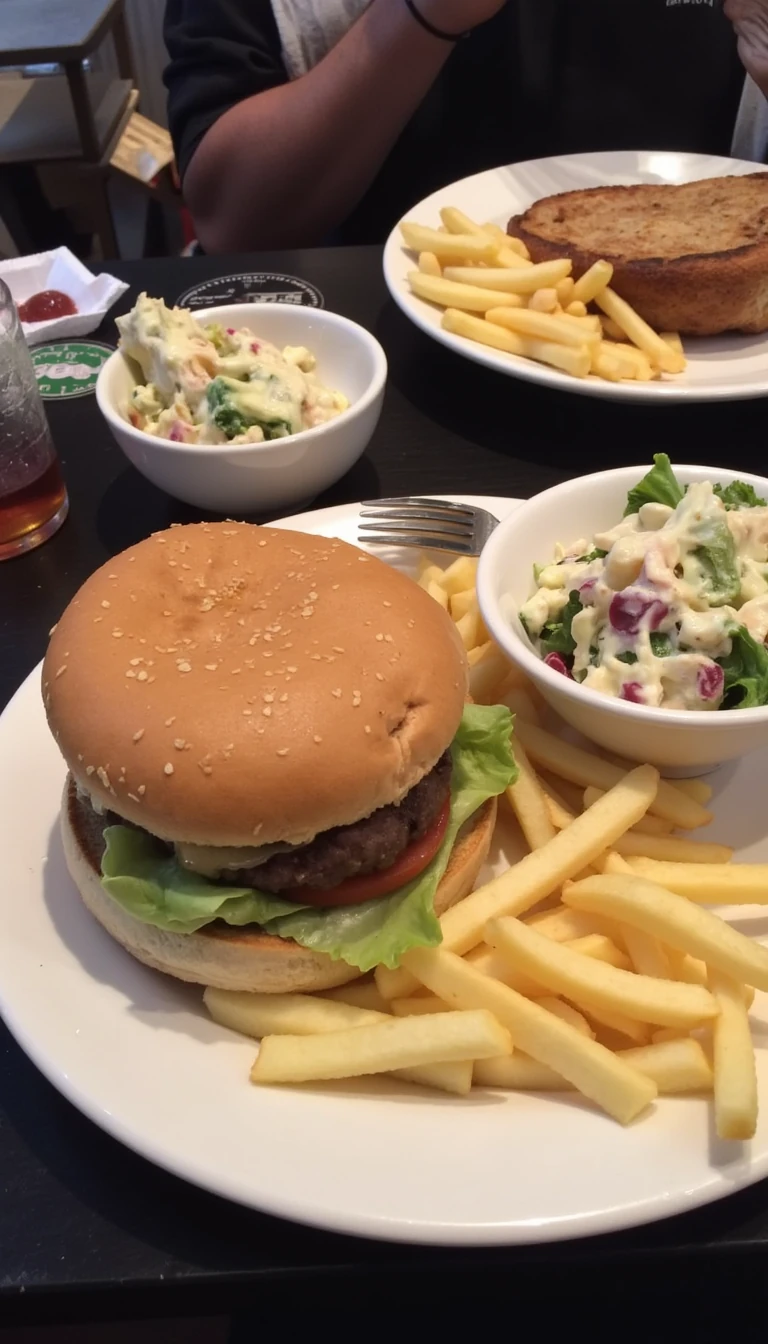 boring low quality snapchat photo circa 2015, this picture is being taken in a restaurant. The picture is of a Burger and fries in on one plate and a bowl of ceaser salad next to it. There are other food dishes and drink glasses on the table as well. The food is in white dishes on a black table. 