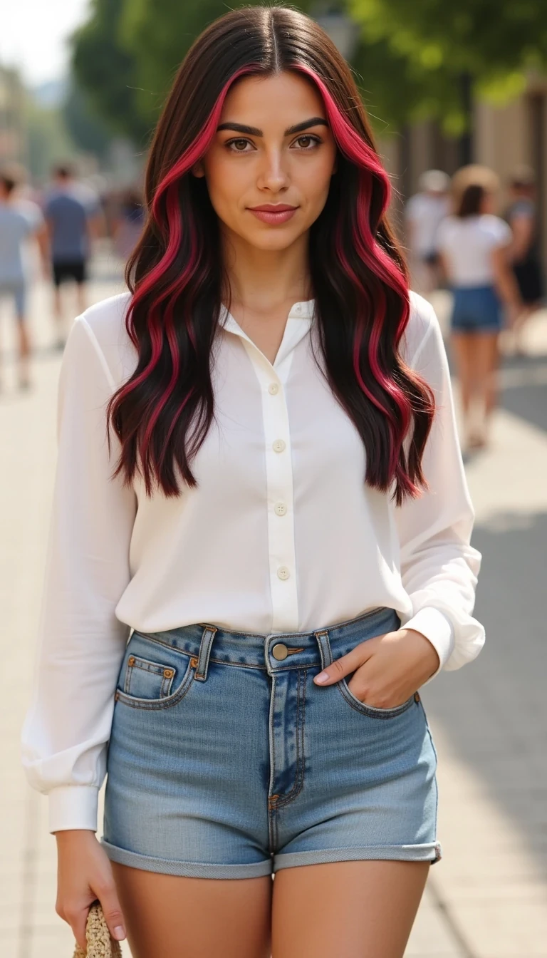 Photograph of a young woman with long, wavy, dark hair with red highlights, wearing a white button-up shirt and high-waisted denim shorts, standing on a sunlit, stone-paved street, holding a straw handbag.