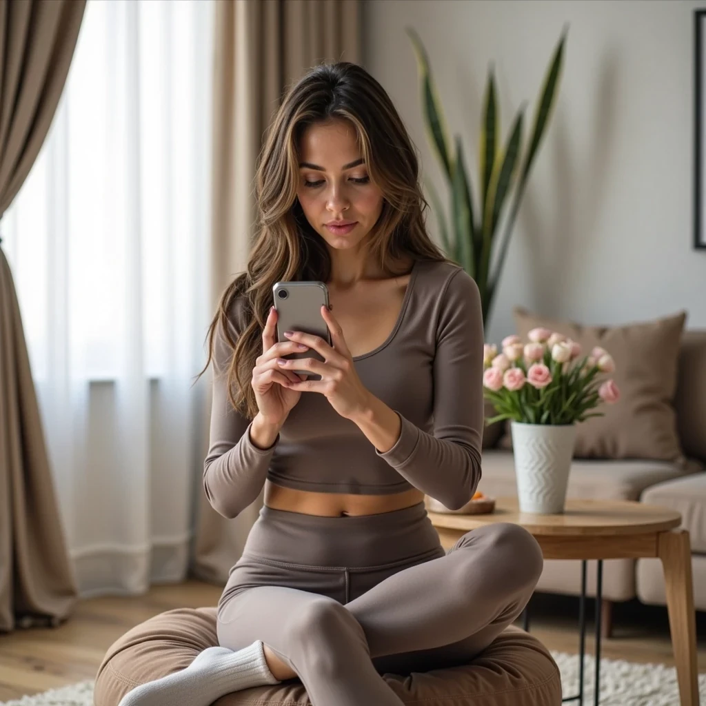 A hyper-realistic mirror selfie of a young woman indoors, sitting casually on a round cushion. She has long brown hair, styled naturally, and is wearing a fitted long-sleeve crop top with high-waisted leggings and socks. She holds her smartphone in one hand while looking at the screen. The background shows a modern, stylish living room with curtains, flowers on a table, and soft natural daylight filling the space. The photo is sharp, clear, and resembles a trendy influencer Instagram post with professional-level realism.