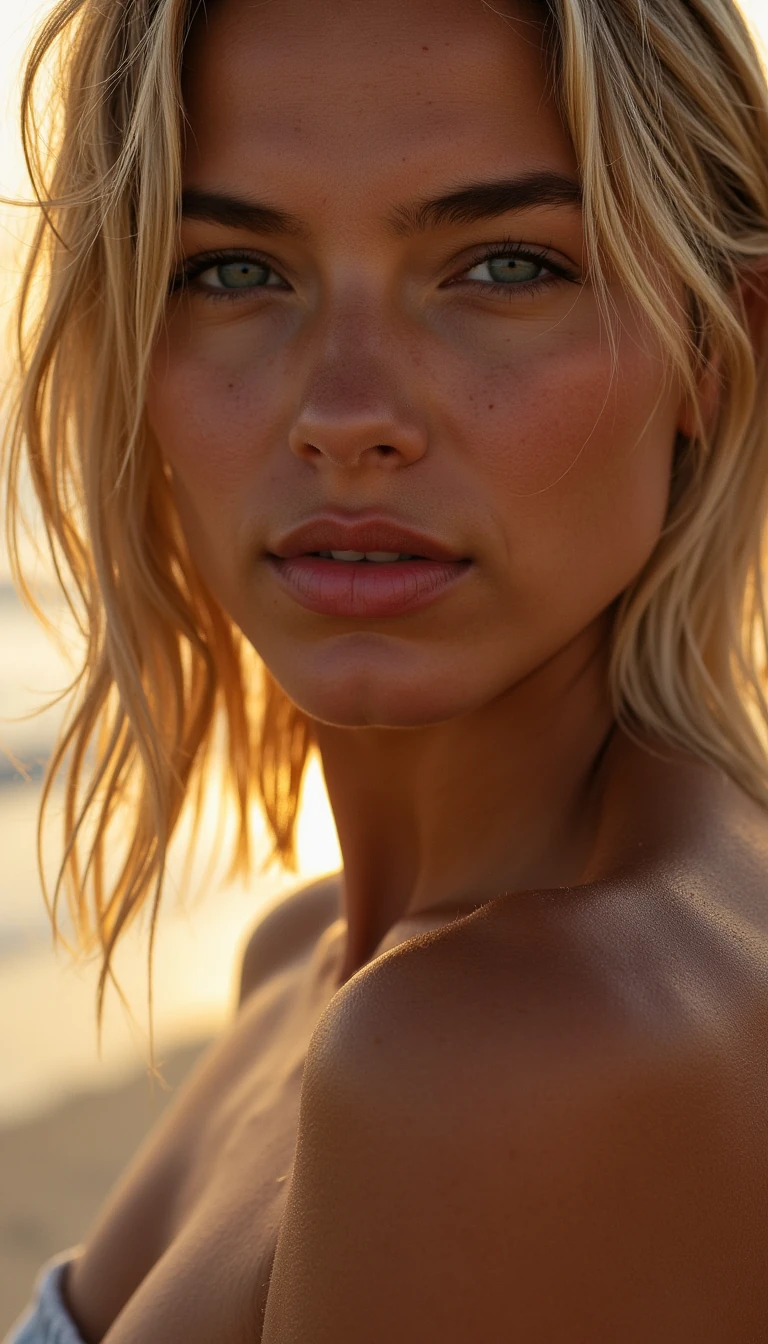 Close up sunlit shoulders, faint sweat sheen, beachside vibes, Hyper-realistic, ultra-detailed skin, soft neutral tones, sun kiss tan, cinematic photography, depth of field focus, shoulder length light dirty blonde hair.