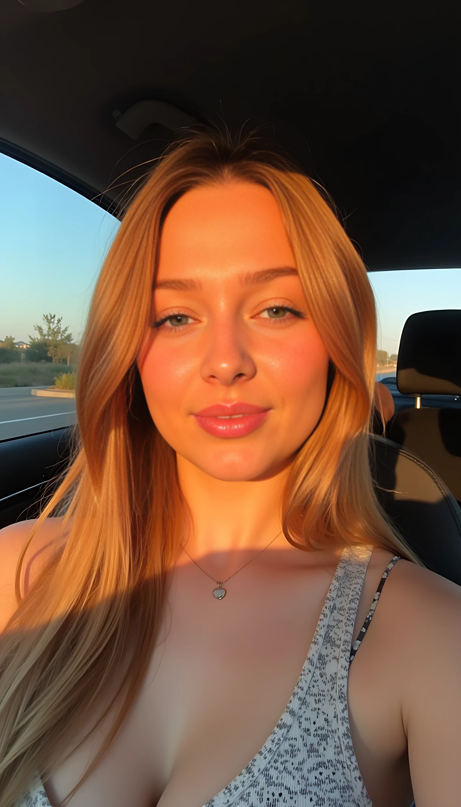 boring low quality snapchat photo circa 2015, cute girl, soft light brown hair, selfie in a car, The light from the setting sun gives a soft orange glow across her face and upper body, casting long shadows