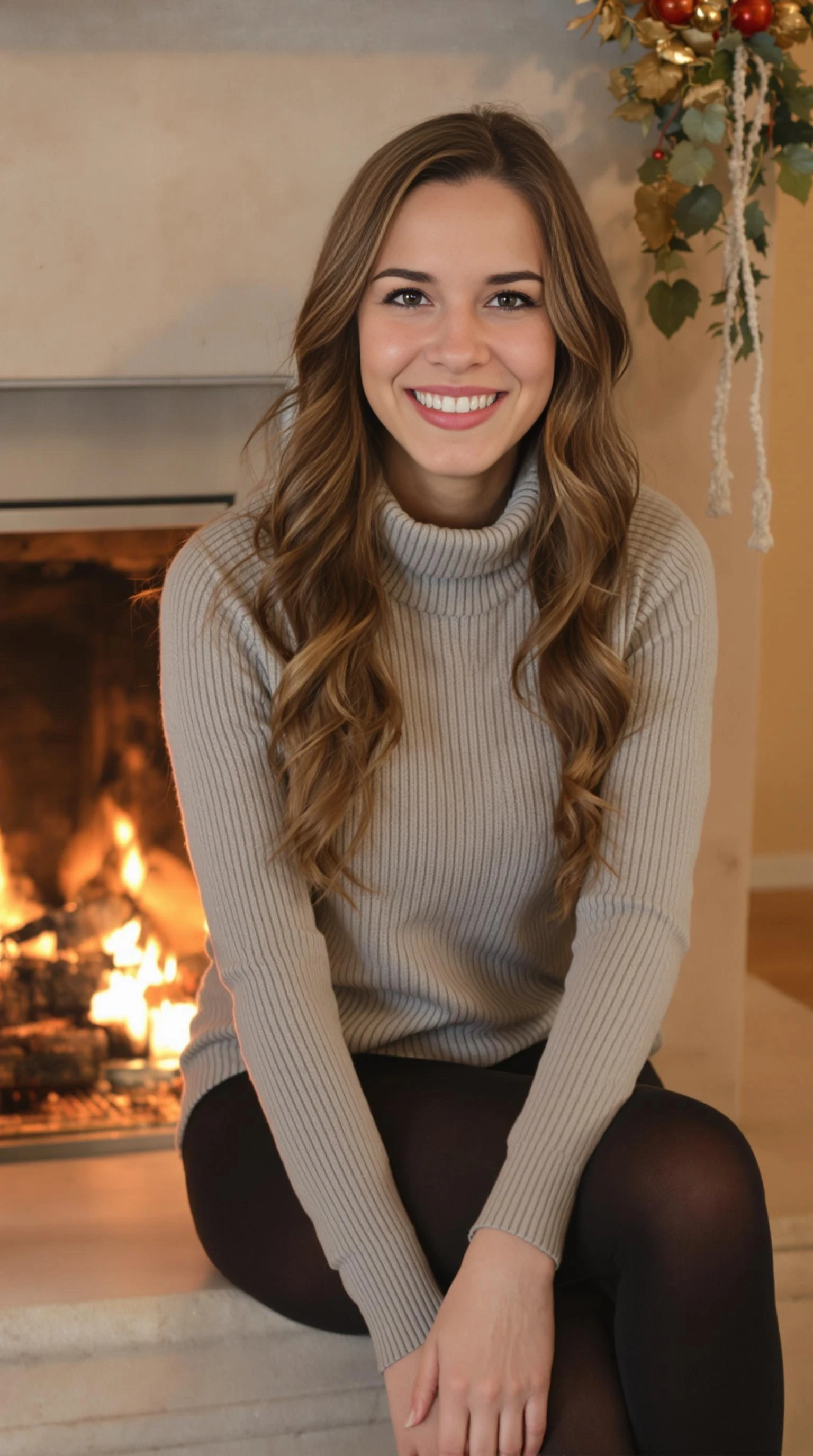 This high-quality photograph features a smiling woman with long, wavy brown hair, wearing a grey turtleneck sweater and black tights, seated by a cozy fireplace. The image uses natural lighting, with a shallow depth of field that blurs the background. Shot on a DSLR camera, likely with an aperture of f/2.8, shutter speed of 1/125s, and ISO 400. The composition follows the rule of thirds, with warm, inviting tones enhancing the intimate, rustic setting.