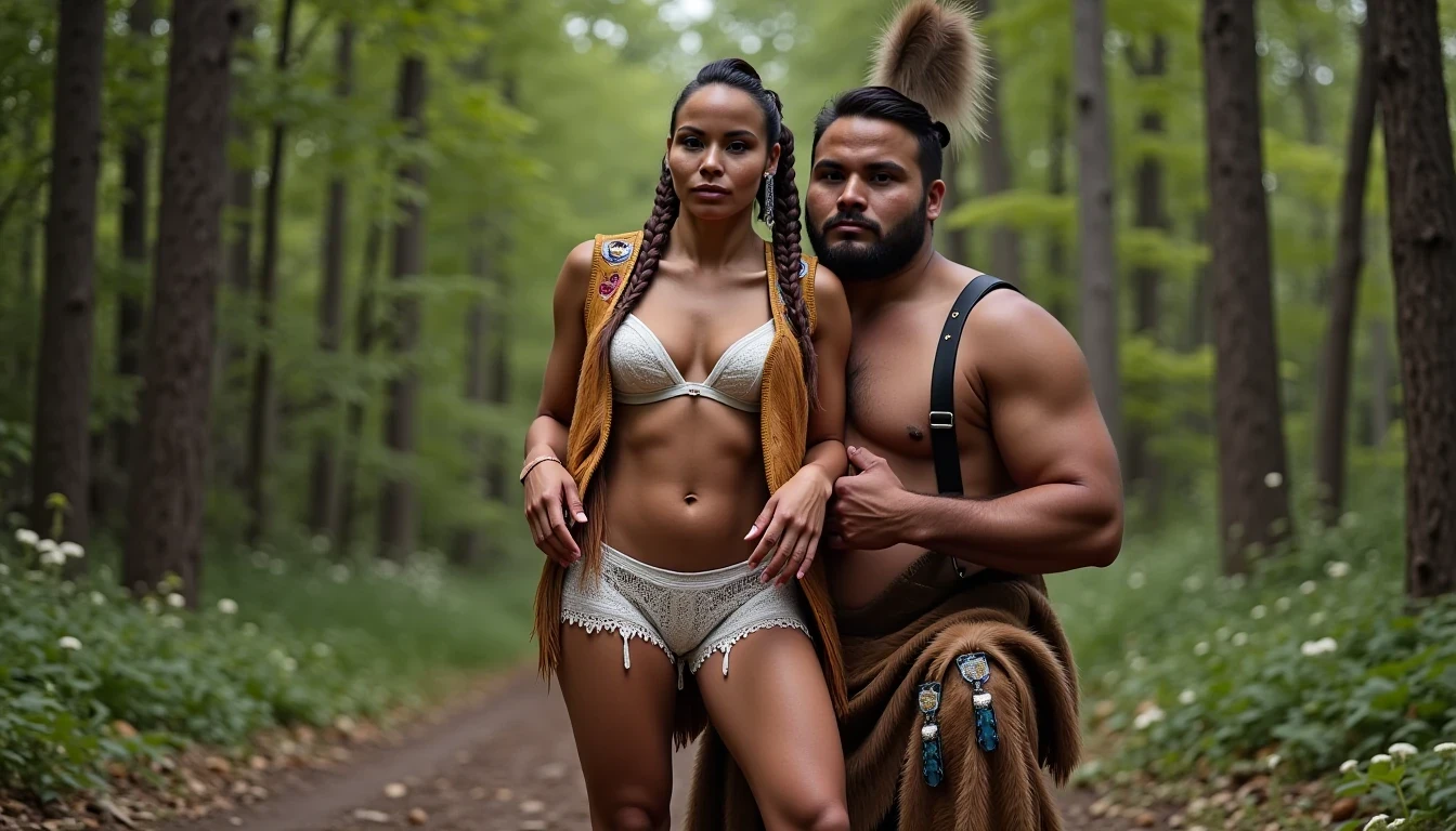 photo of woman CSTMDL, a medium shot photo of, a slim woman, her full body is in the scene, she has a slender petite build with petite small boobs and a flat chest, she has small dark skin nipples with long pointy nipple ducts and small dark skinned areolas, her hair is styled with two long braids she has eagle plumes in her hair, she is not wearing earrings, she is wearing daisy duke denim booty shorts, she is wearing a native American style vest in a golden yellow color over top of her underwear, her vest is open exposing her strapless bra, her bra is a strapless white lace bra, she is wearing white lace panties, she is wearing ankle height smoked hide moccasins, natural lighting, natural light, amateur photography, shot on an iPhone, she is standing with her legs spread wide apart in a densely wooded forest, she is maintaining intense eye contact with the camera, there is a giant native American fat man three times her height kneeling directly behind her holding onto gripping the woman's waistline, the man is holding her in front of him, the man is a real giant three times the height of an average male, public setting, Hyper realism, ultra-sharp focus, highly detailed, natural lighting, natural light, amateur photography, she has her hands placed down by her sides