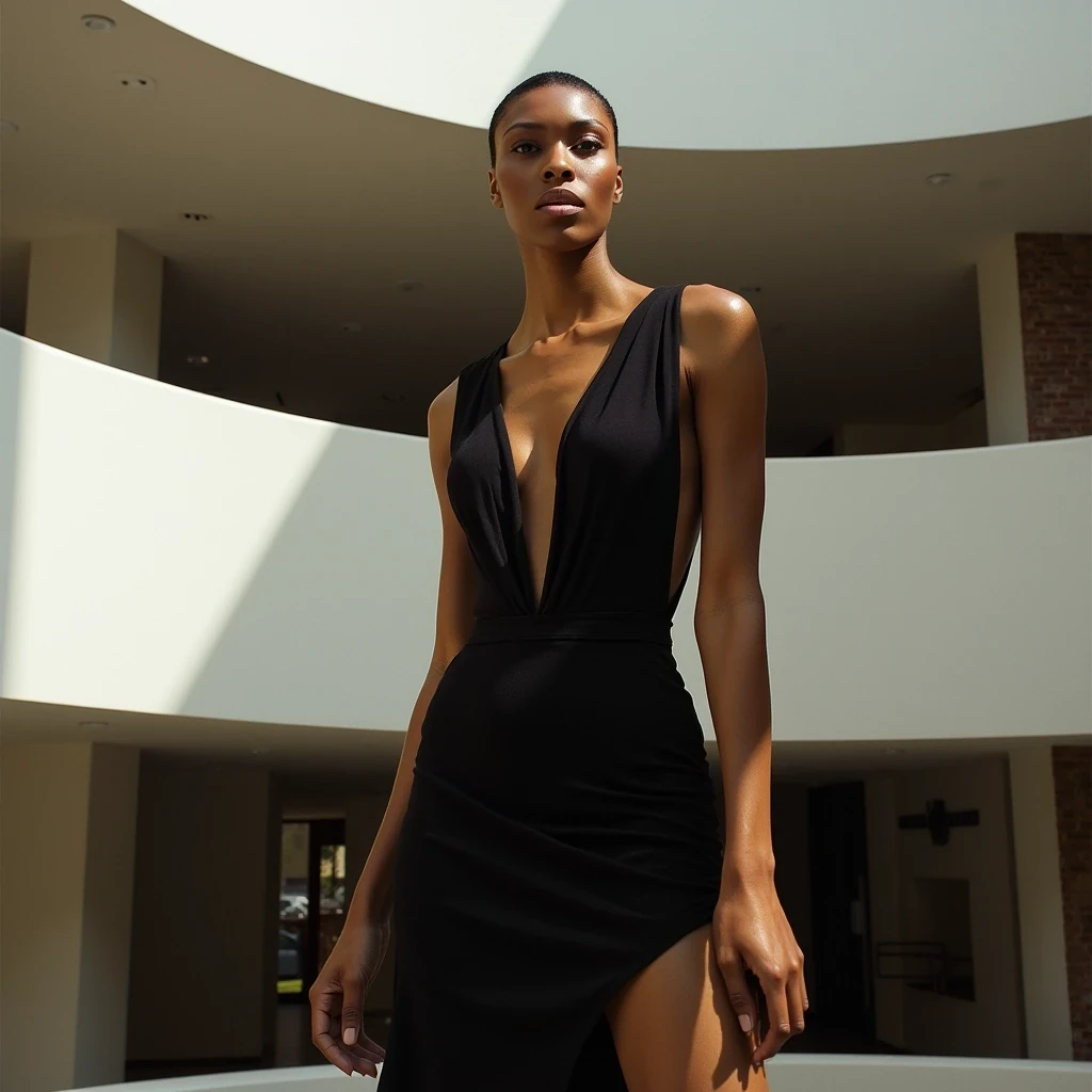 Architectural Fashion
Shot on Canon R3, 70-200mm f/2.8, ISO 100, 1/200 sec. close up shot of commanding model with light olive brown skin in Alexander McQueen structured dress. 5'11", size 2, legs elongated by stilettos. Skin retains natural texture while appearing flawless: microscopic peach fuzz on face catching rim light, subtle glow from luxury skincare. Main light: Profoto B10X through 4x6 softbox at f/11. Location: Guggenheim spiral, dramatic shadows from architectural elements. Pose references iconic Peter Lindbergh compositions. CSTMDL