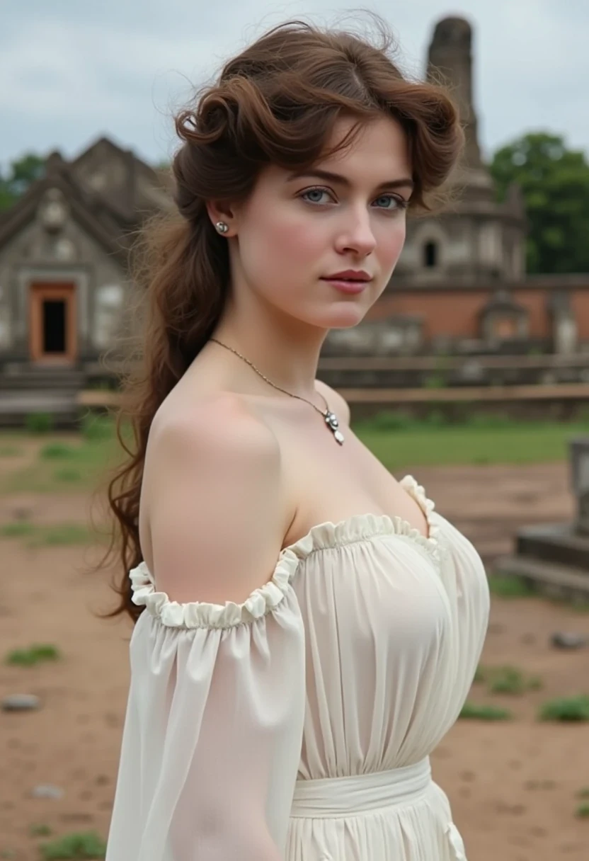 woman CSTMDL, photo ((medium)), brunette, blue eyes, cold smile, 1900 white dress, small pendant, tied hair, big breast, cambodian khmer ruins in background