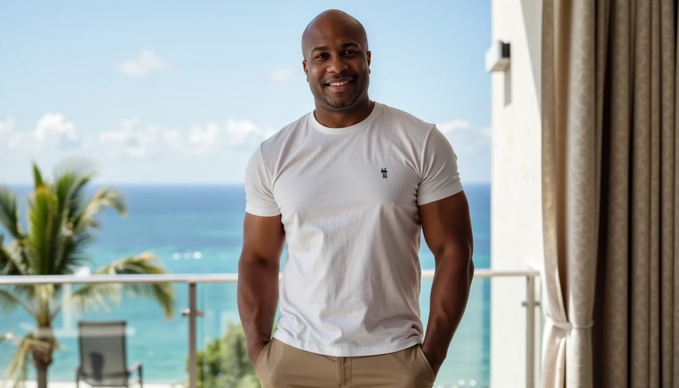 iPhone Photorealistic Full body image. make him more realistic and similar. Powerful CEO, He is wearing a white t shirt, tan khakis. Slim but muscular build. He is facing the camera directly, as if the paparazzi is shooting him while he is relaxing on the balcony of his Mexico hotel villa. He looks like a confident stud, CSTMDL, Face of Carter and bald head