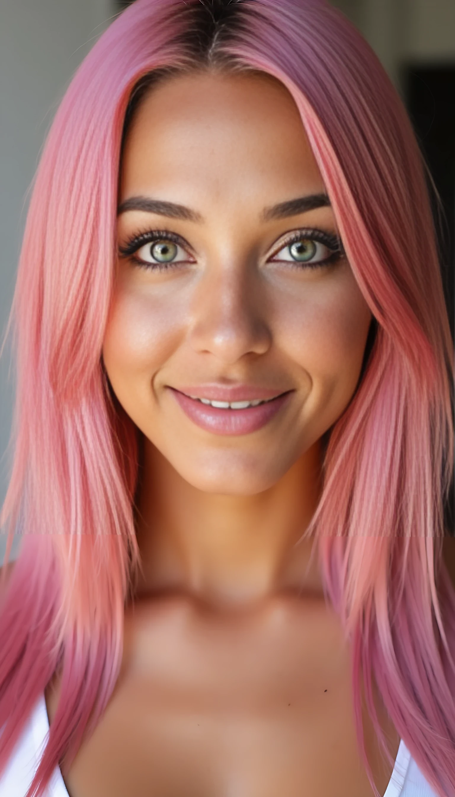A studio-quality full-face portrait photo of a beautiful 20 years old model, mixed ethnicity of half white American half Brazilian, with pink hair, ultra detailed green eyes with sharp iris reflections, slight smile, high-quality