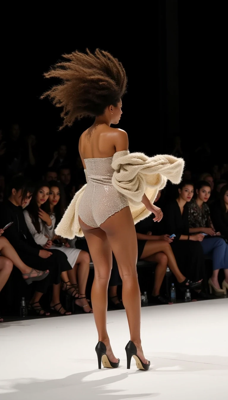 Turn Moment
Shot on Nikon Z9, 105mm f/1.4, ISO 1000, 1/1250 sec. Capturing the perfect pivot at runway's end. Model in structural Iris van Herpen dress defying gravity. Motion-frozen hair, dress elements suspended. Light olive brown skin catching multiple light sources: main spots, side fills, ambient bounce. Background: fashion editors in first row, shooting position creating compelling depth of field at f/2.8.
 CSTMDL