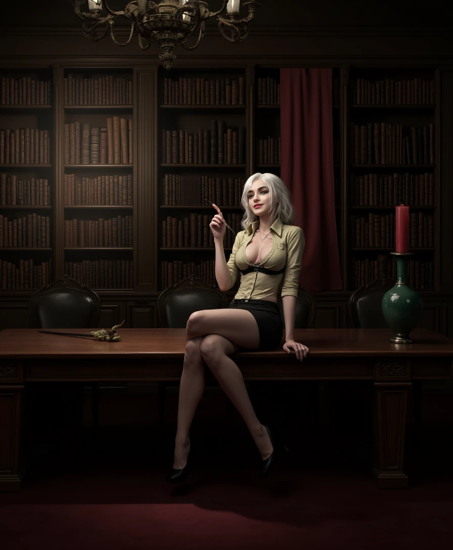 Inside a dimly lit private library, Luna Vex with icy blonde hair sits on a long wooden table surrounded by leather-bound books. She wears a tight, short pencil skirt, a button-down blouse that's open just enough to reveal the lace of her bra, and glasses resting halfway down her nose. Her legs are crossed deliberately, and a riding crop rests casually across her lap. She tilts her head with a devilish smile, as if she’s about to ask a question that’s not in the curriculum. One heel dangles from her toe. The room is still—almost sacred—but her energy crackles with unspoken sin.