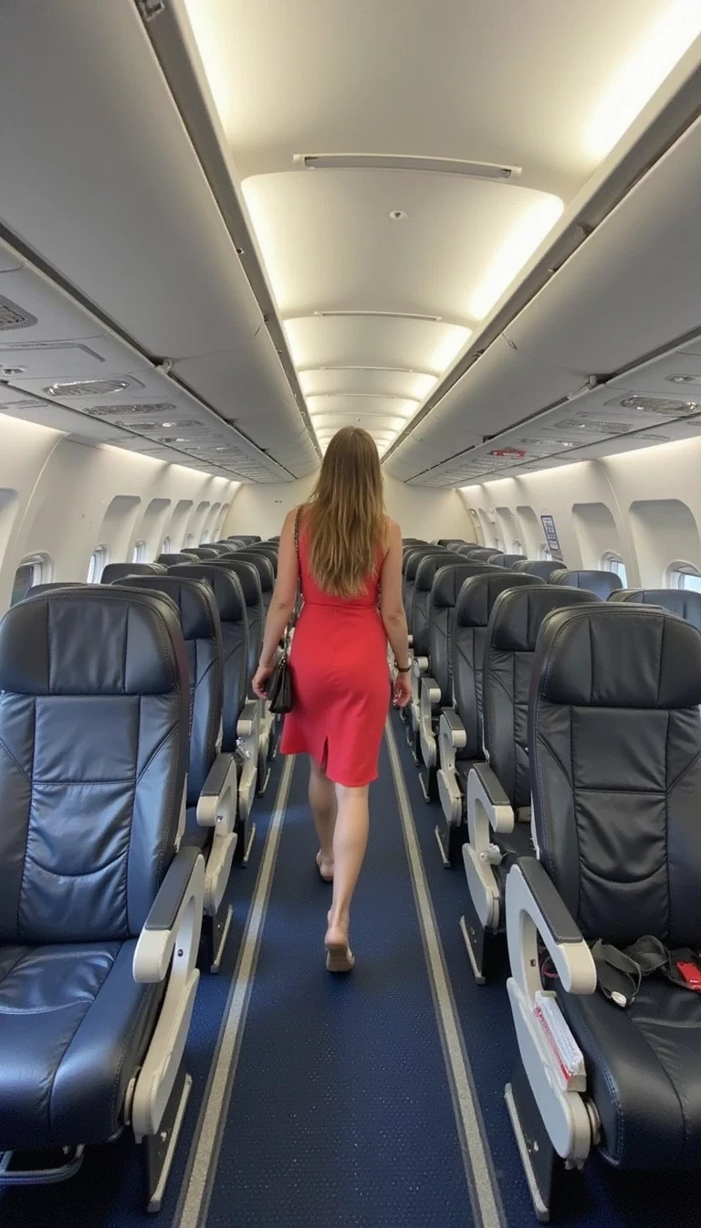 photo of woman CSTMDL, walking down the isle of an airplane