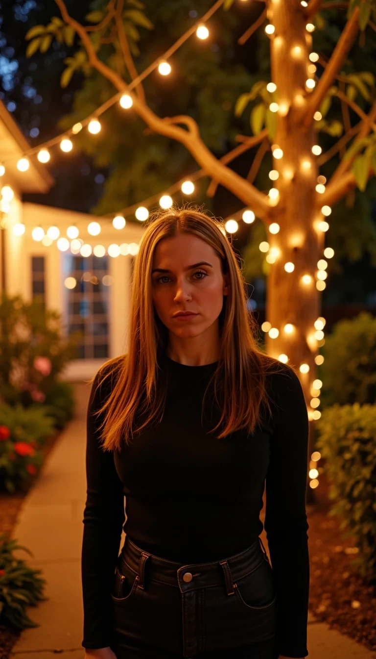 A full body shot photo of a woman standing outside the house cozy, warmly lit patio in the evening, with soft, glowing lights wrapped around a tree behind them creating a charming atmosphere. The image is rich in detail, with warm tones and clear textures throughout. The woman has fair skin, a slim build, and long reddish-blonde hair,