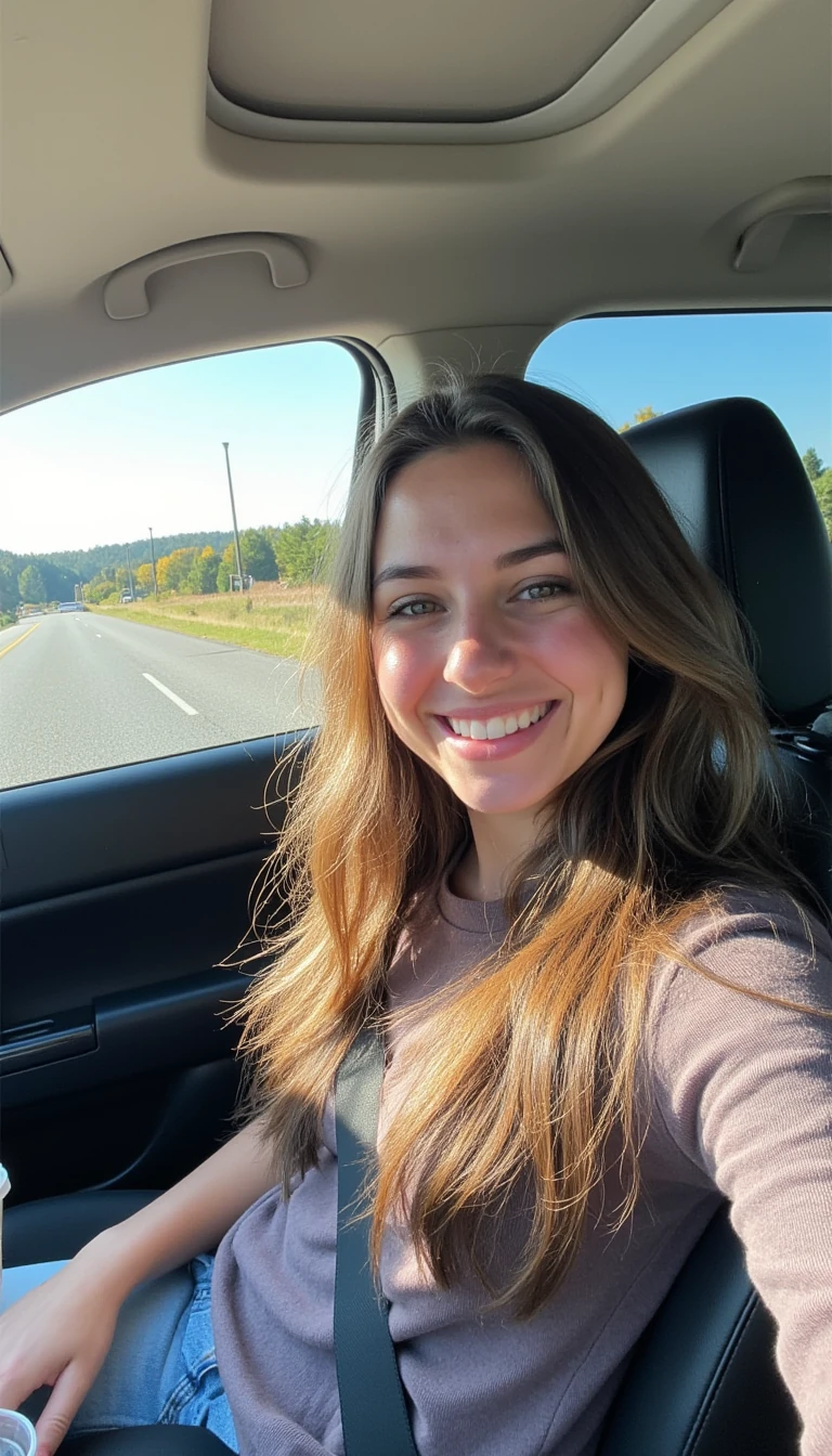 boring low quality snapchat photo circa 2015, A young woman with a warm smile, sitting in the driver's seat of a cozy car. She has soft, wavy brown hair cascading past her shoulders. The sunlight streams through the window, casting a gentle glow on her face. The interior of the car is neat and comfortable, with a coffee cup in the cup holder and a small plant on the dashboard. The background outside the window shows a scenic road lined with trees and blue skies
