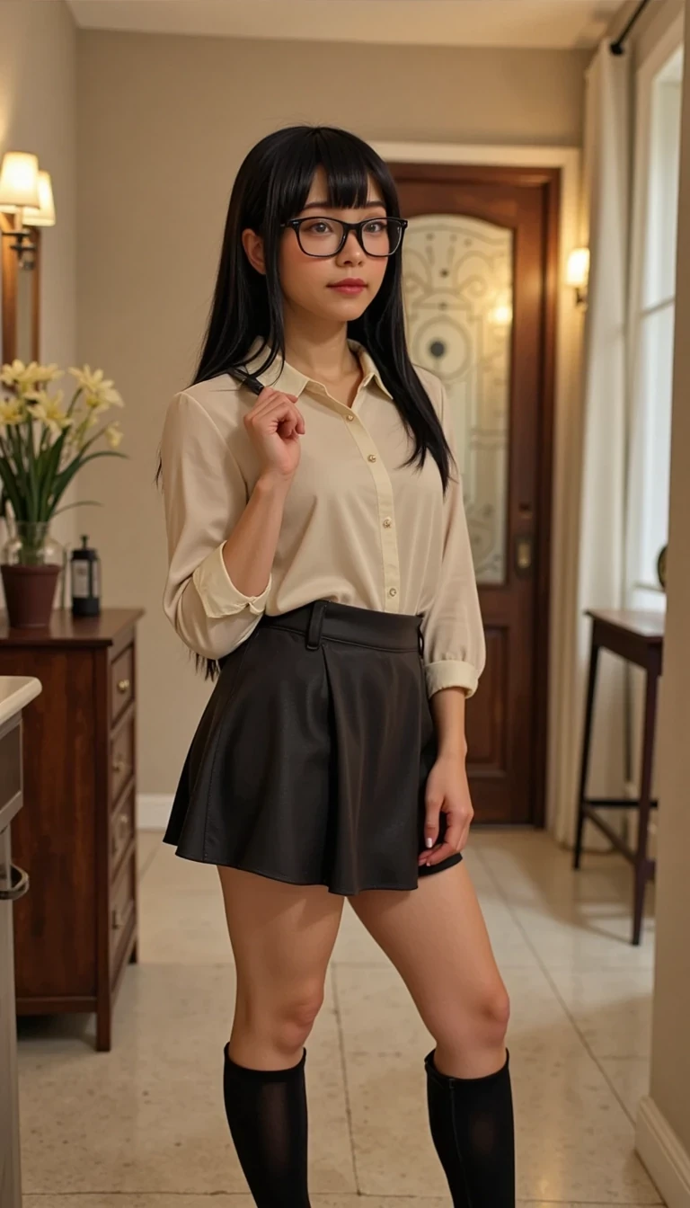 iphone selfie portrait of CSTMDL woman, cosplay 1950s school girl in pencil skirt, white blouse , knee high socks, black pump shoes, horn-rimmed glasses, cinematic warm light













