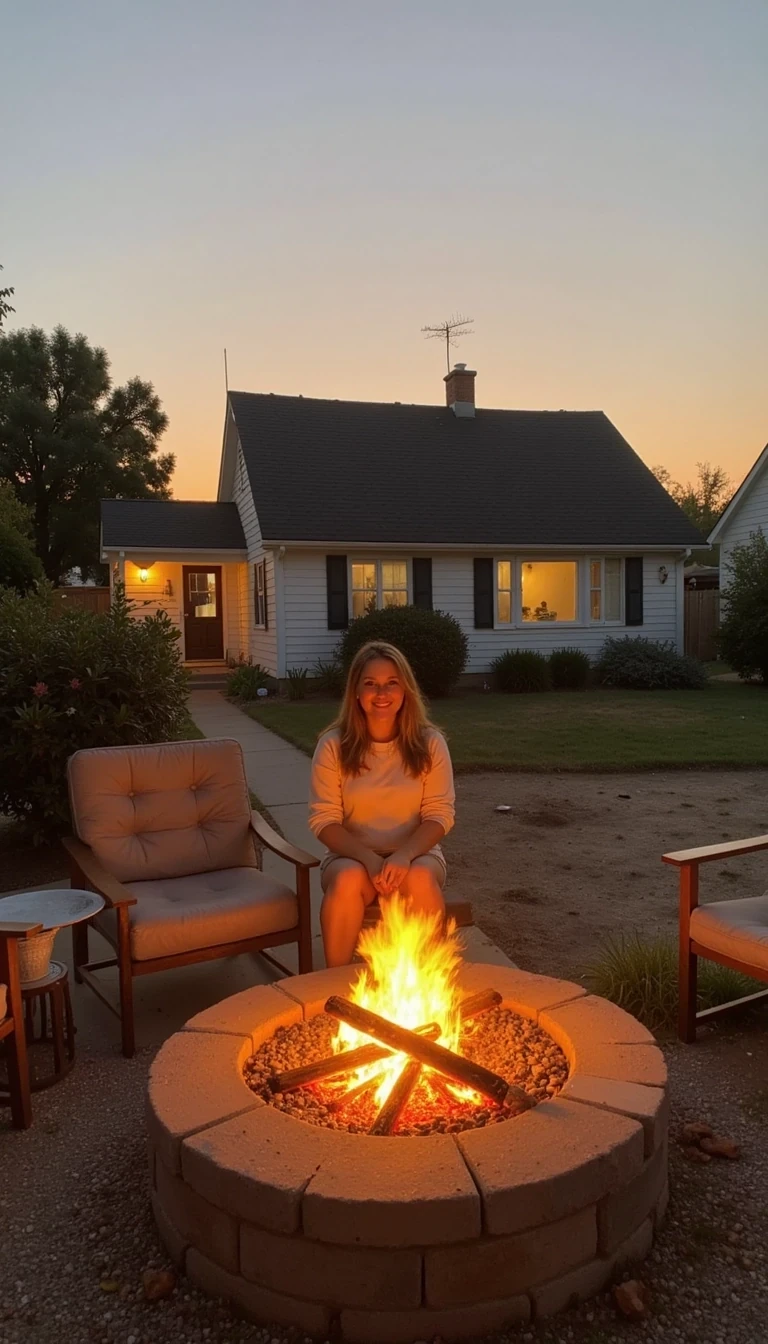 Photo of woman CSTMDL outside at beach house by fire pit at sundown