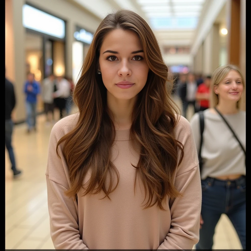 boring low quality snapchat photo circa 2015, average looking woman, full outfit, standing, soft light brown hair, mall background