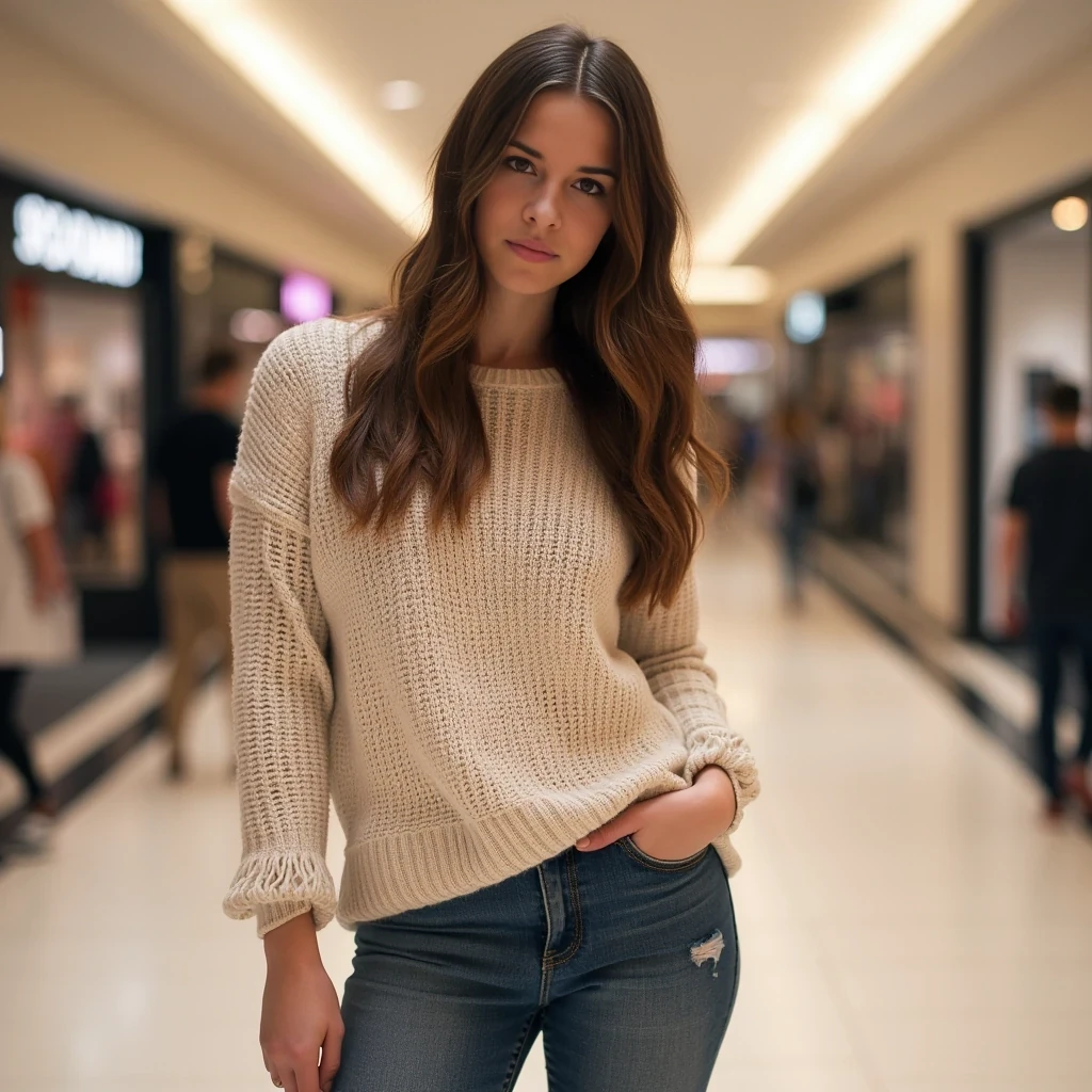 boring low quality snapchat photo circa 2015, average looking woman, full outfit, standing, soft light brown hair, mall background