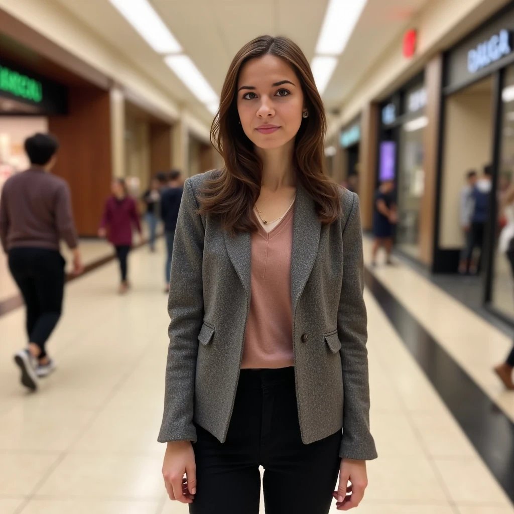 boring low quality snapchat photo circa 2015, average looking woman, full outfit, standing, soft light brown hair, mall background