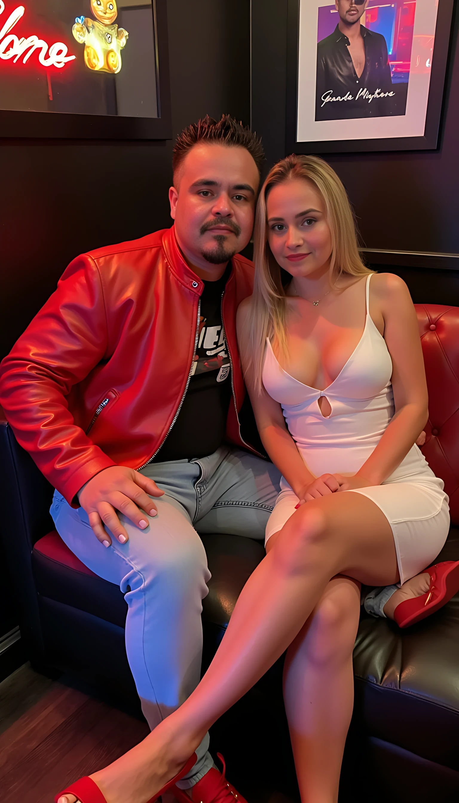 CSTMDL average man body  seating in a couch leg crossed wearing a light blue jeans with a red leather Ferrari logo jacket and red shoes  with a nightclub background  with a beautiful woman with blonde hair very bright blue eyes wearing a sexy white dress seating next to me  losing my cheek 