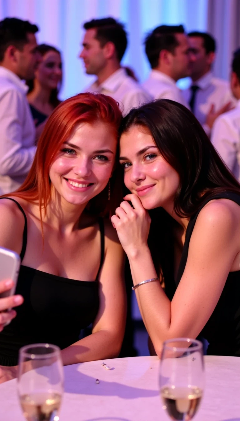CSTMDL, Isabella red hair green eyes. This is a photograph capturing a lively social scene at a party or event. The image focuses on two women in the foreground, both smiling and appearing to be enjoying themselves. The woman on the left is CSTMDL Isabella shoulder-length red hair and is wearing a black, sleeveless top. She is holding a smartphone in her right hand, taking a selfie. The woman on the right has long black hair and is wearing a black, semi-sheer top. She is leaning in close to the isabella, with her left hand gently touching her face in a playful manner.

In front of them on the table are two champagne flutes, each filled with a light-colored drink, possibly champagne. The background is slightly blurred but shows several other people, both men and women, mingling and chatting. The lighting has a pink and blue hue, adding a festive and vibrant atmosphere to the scene. The people in the background are dressed in casual to semi-formal attire, with some wearing white shirts and others in darker clothing. The overall mood of the photograph is cheerful and celebratory, capturing a moment of friendship and enjoyment at a social gathering.