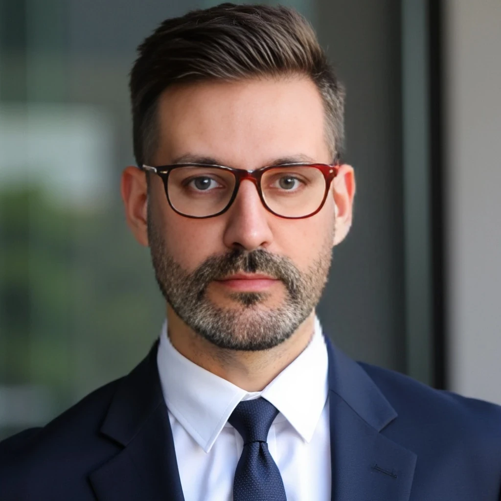 Businessman, with the exact same face as the attached photo and the exact same haircut. He is wearing a suit and modern red Ray-Ban reading glasses. Slim but muscular build, with a beard like in the photo but more neatly groomed. Same haircut as in the attached photo. He is facing the camera directly, as if posing for a LinkedIn profile picture.