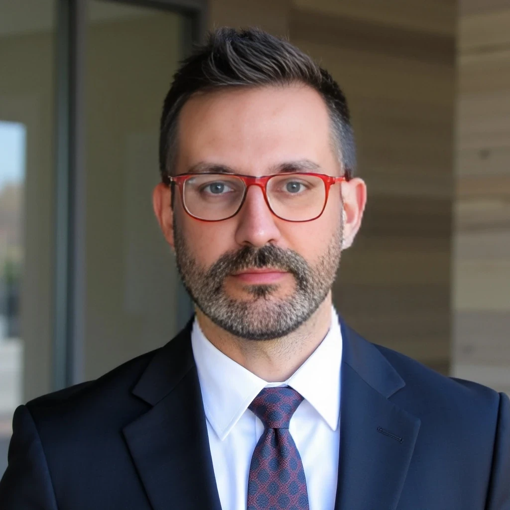Businessman, with the exact same face as the attached photo and the exact same haircut. He is wearing a suit and modern red Ray-Ban reading glasses. Slim but muscular build, with a beard like in the photo but more neatly groomed. Same haircut as in the attached photo. He is facing the camera directly, as if posing for a LinkedIn profile picture.