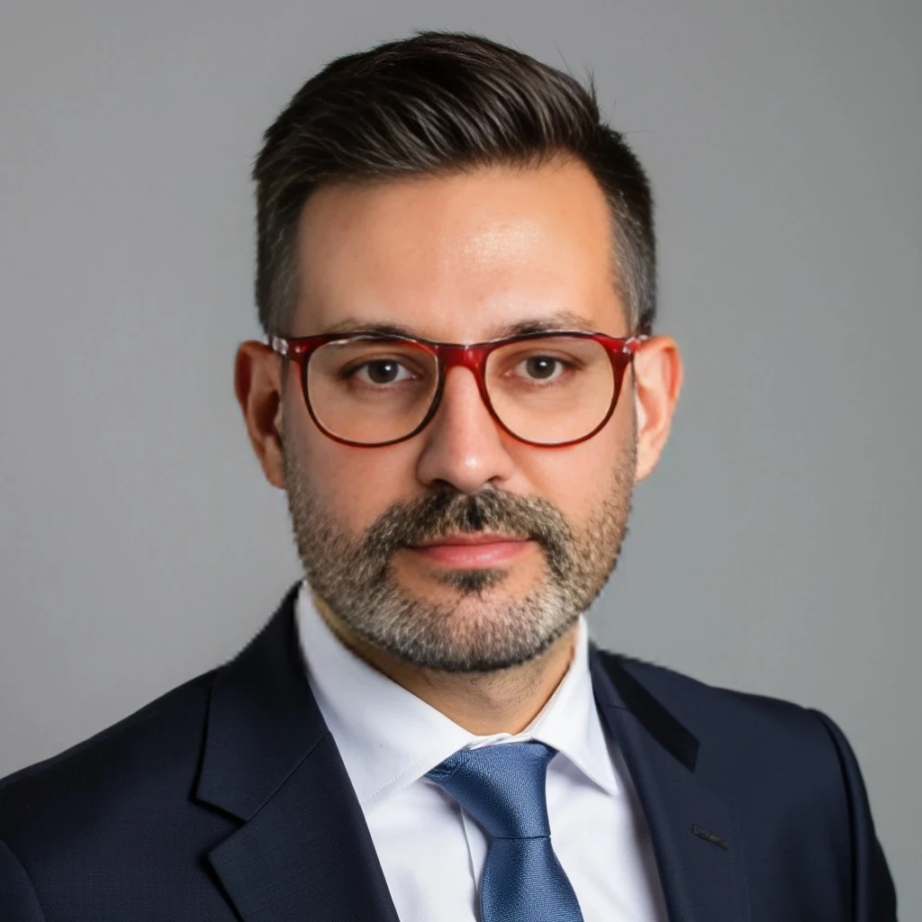 Businessman, with the exact same face as the attached photo and the exact same haircut. He is wearing a suit and modern red Ray-Ban reading glasses. Slim but muscular build, with a beard like in the photo but more neatly groomed. Same haircut as in the attached photo. He is facing the camera directly, as if posing for a LinkedIn profile picture.