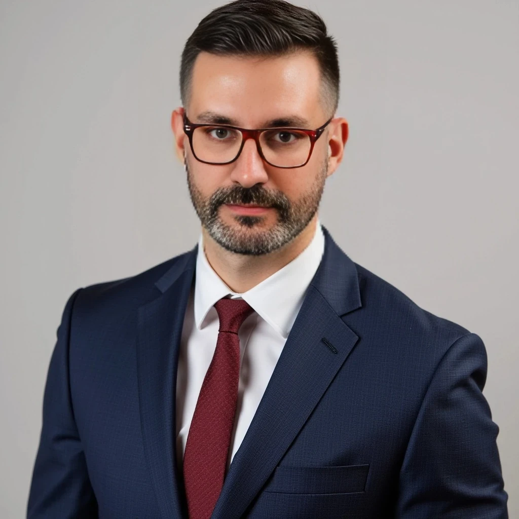 Businessman, with the exact same face as the attached photo and the exact same haircut. He is wearing a suit and modern red Ray-Ban reading glasses. Slim but muscular build, with a beard like in the photo but more neatly groomed. Same haircut as in the attached photo. He is facing the camera directly, as if posing for a LinkedIn profile picture.