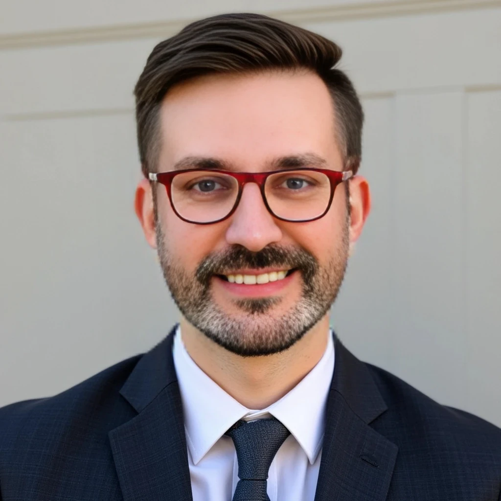 Businessman, with the exact same face as the attached photo and the exact same haircut. He is wearing a suit and modern red Ray-Ban reading glasses. Slim but muscular build, with a beard like in the photo but more neatly groomed. Same haircut as in the attached photo. He is facing the camera directly, as if posing for a LinkedIn profile picture.