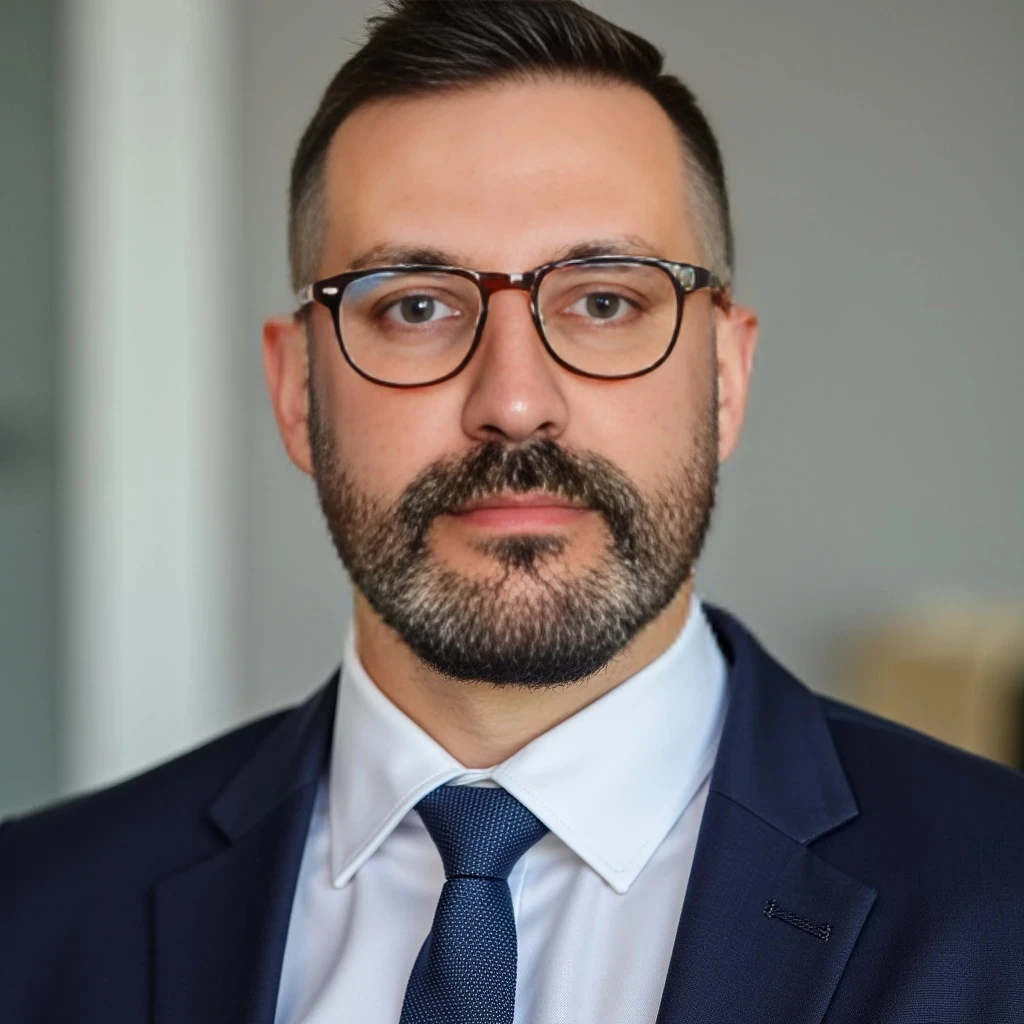 Businessman, with the exact same face as the attached photo and the exact same haircut. He is wearing a suit and modern red Ray-Ban reading glasses. Slim but muscular build, with a beard like in the photo but more neatly groomed. Same haircut as in the attached photo. He is facing the camera directly, as if posing for a LinkedIn profile picture.