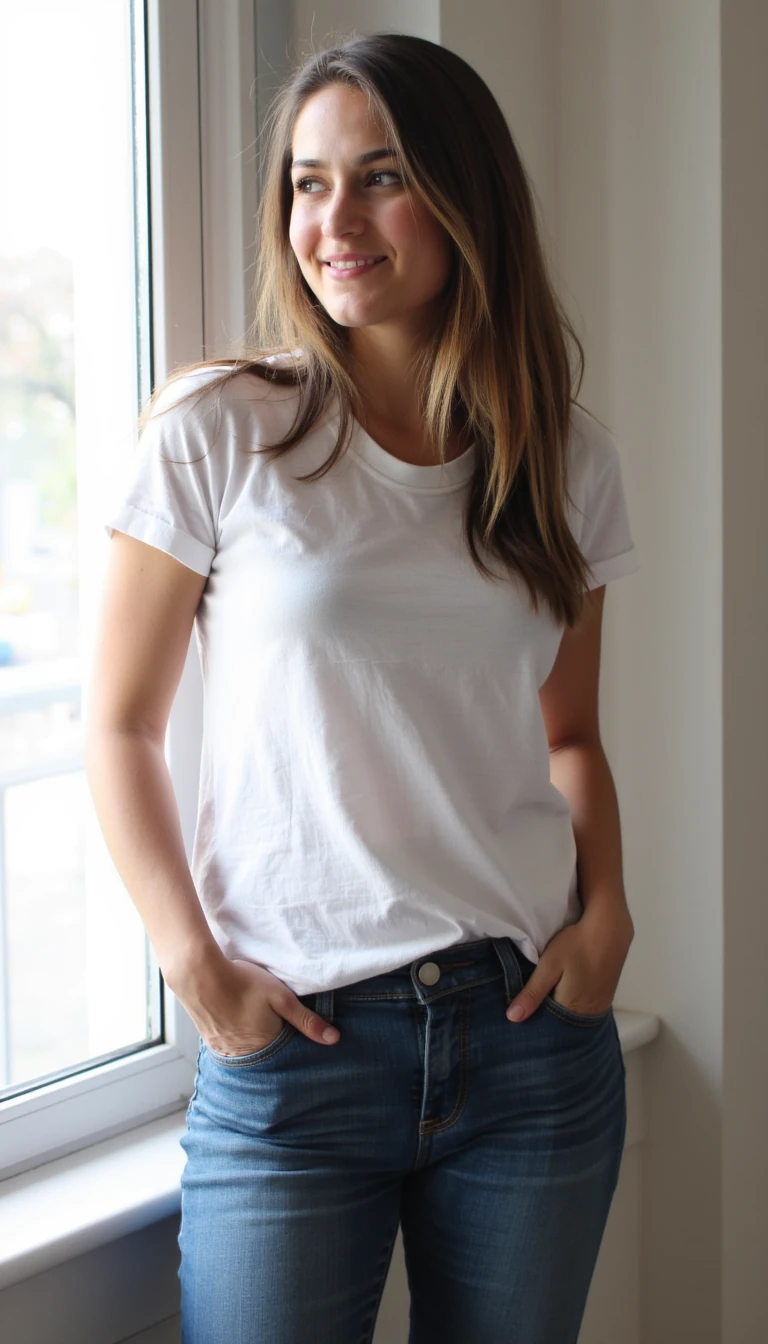 Photo standing near a window in casual clothes (jeans and a simple tee or tank), soft natural light hitting your face. Hands in pockets, relaxed pose, slight smile or neutral expression. Show off your natural look, posture, and proportions.