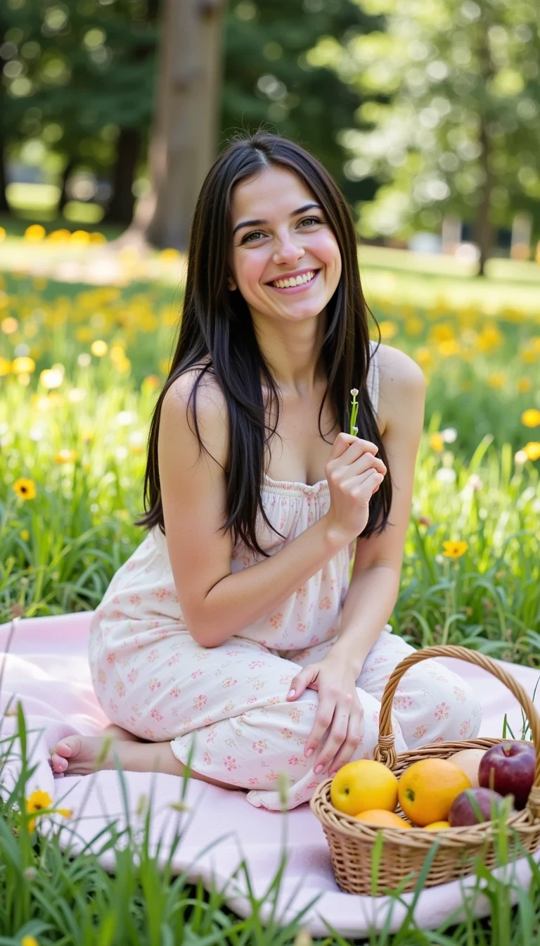 A candid photo of of CSTMDL Nyxie 2 A candid photo of laughing while sitting on a picnic blanket in a grassy meadow, surrounded by wildflowers and a basket of fruit, wearing a pastel sundress with sunlight filtering through the trees.”