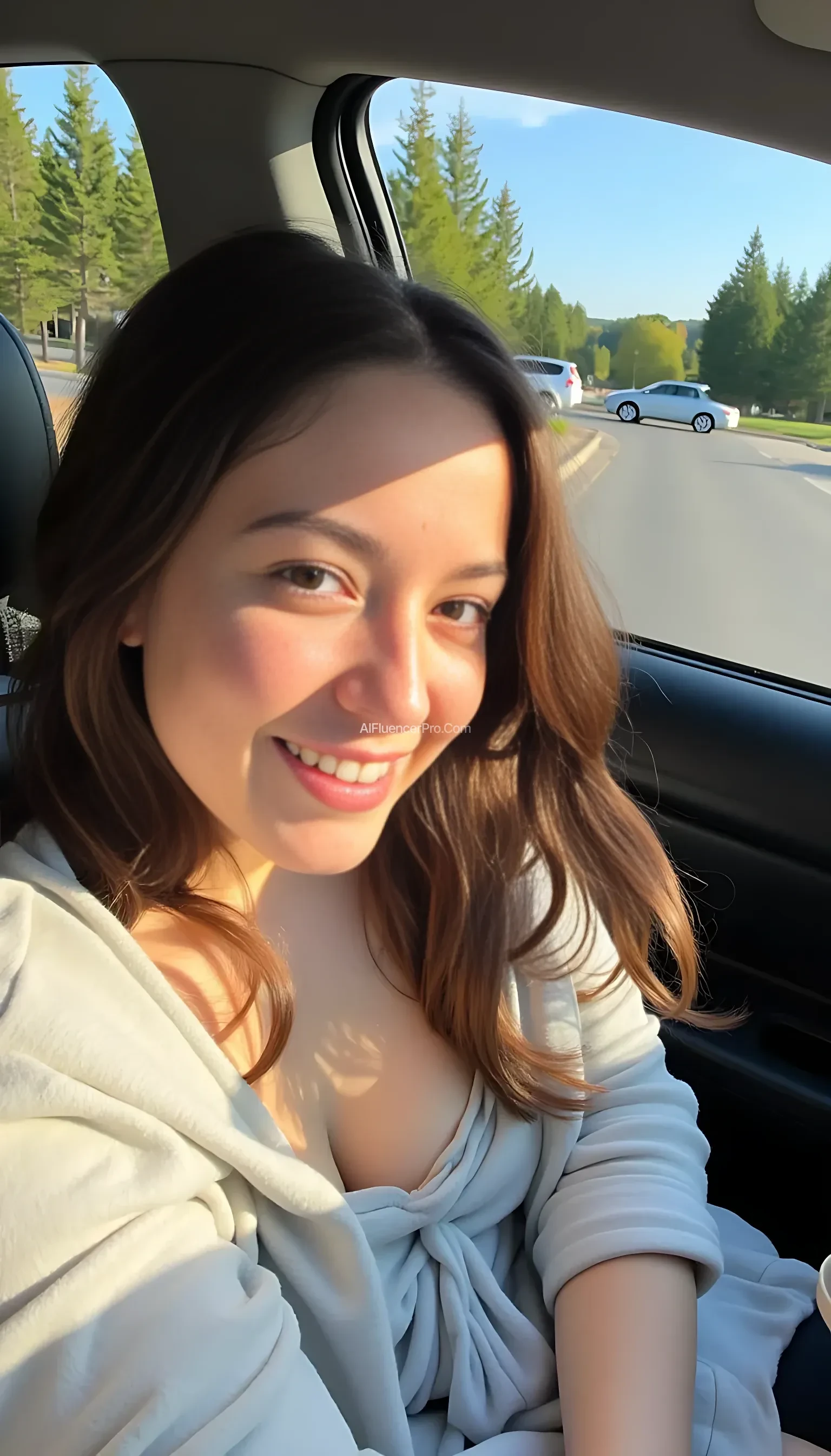 boring low quality snapchat photo circa 2015, A young woman with a warm smile, sitting in the driver's seat of a cozy car. She has soft, wavy brown hair cascading past her shoulders. The sunlight streams through the window, casting a gentle glow on her face. The interior of the car is neat and comfortable, with a coffee cup in the cup holder and a small plant on the dashboard. The background outside the window shows a scenic road lined with trees and blue skies