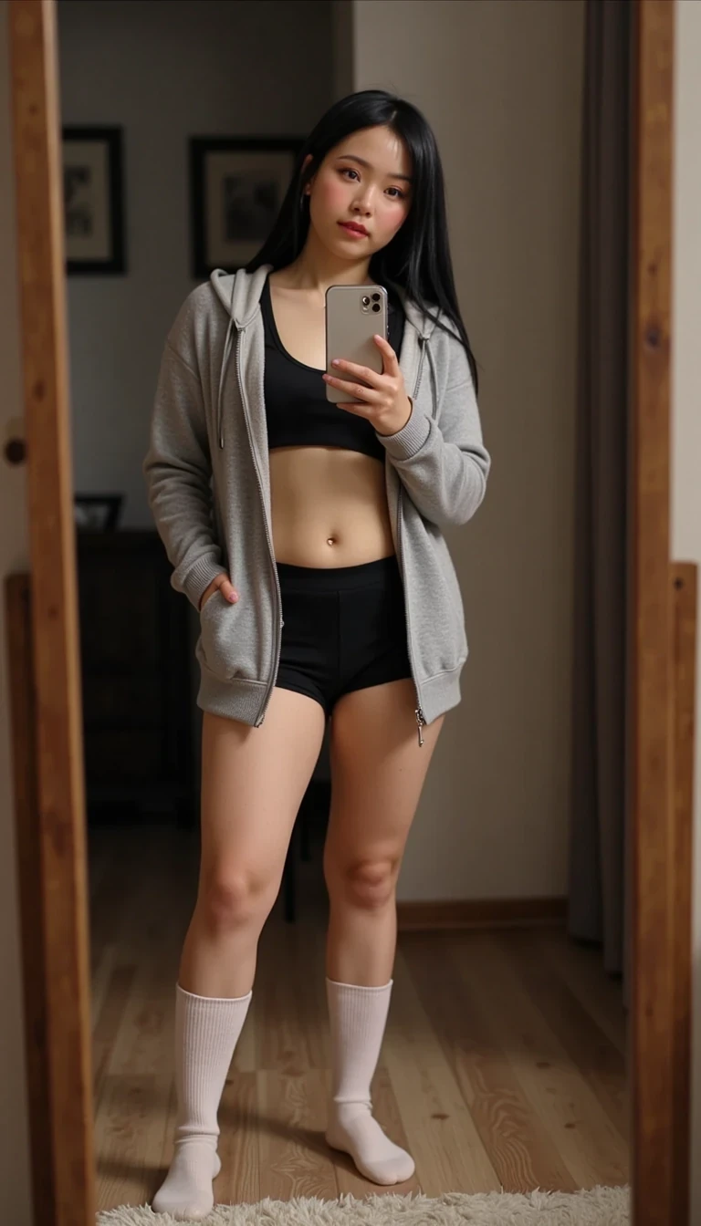 iphone selfie portrait of CSTMDL woman selfie in a dimly lit bedroom, wearing a grey hoodie, black underwear and white socks up to her knees, toned thighs