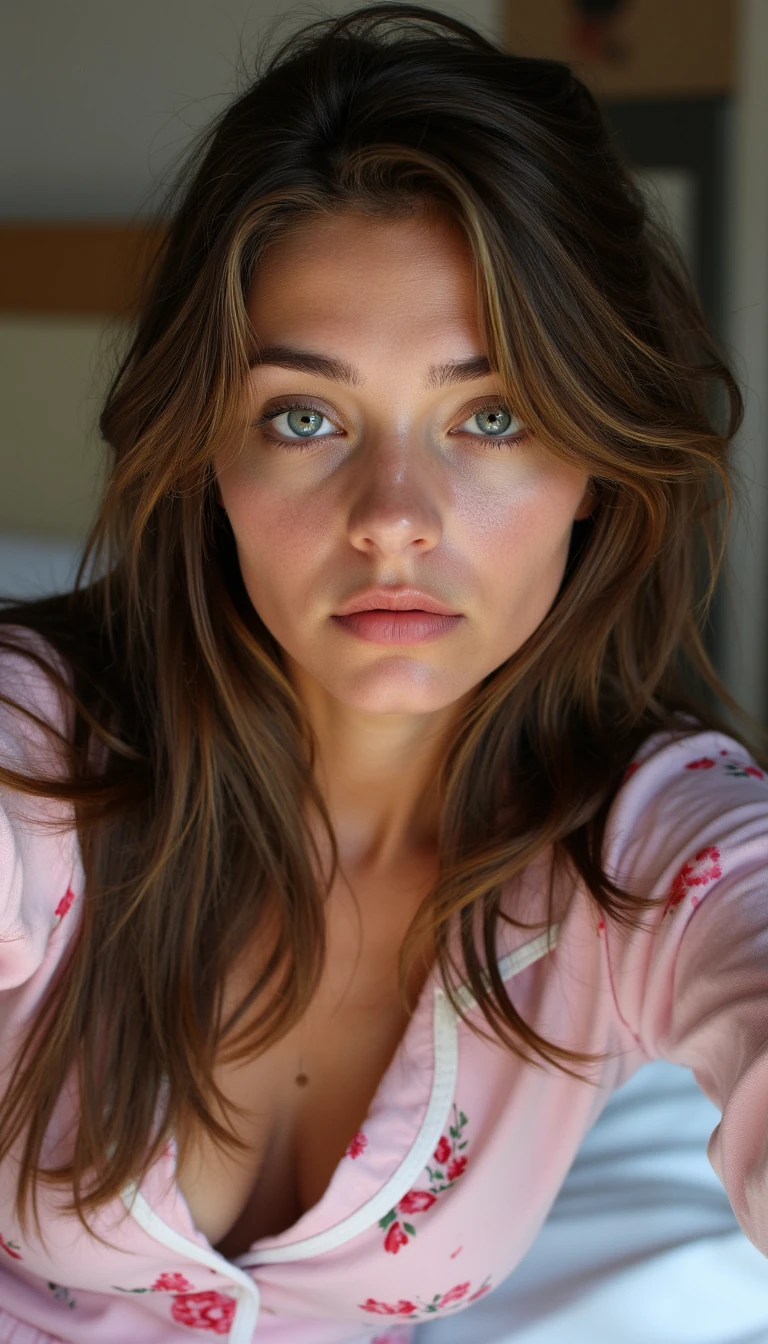 create an ultra-realistic selfie image of a 19 year old Serbian woman. she is tan. She stands at 5'9", embodying the epitome of allure and charm with her sharp Slavic facial features. Her captivating blue eyes and long, brown hair enhance her mesmerizing presence. she is dressed in a light flower pink pajama laying in bed with messy hair. Her expression is one of sadness and seriousness Focus on extreme realism, especially in her facial details. her hair is almost to her waist in length. her eyes are extremely realistic and she is looking directly in the camera.