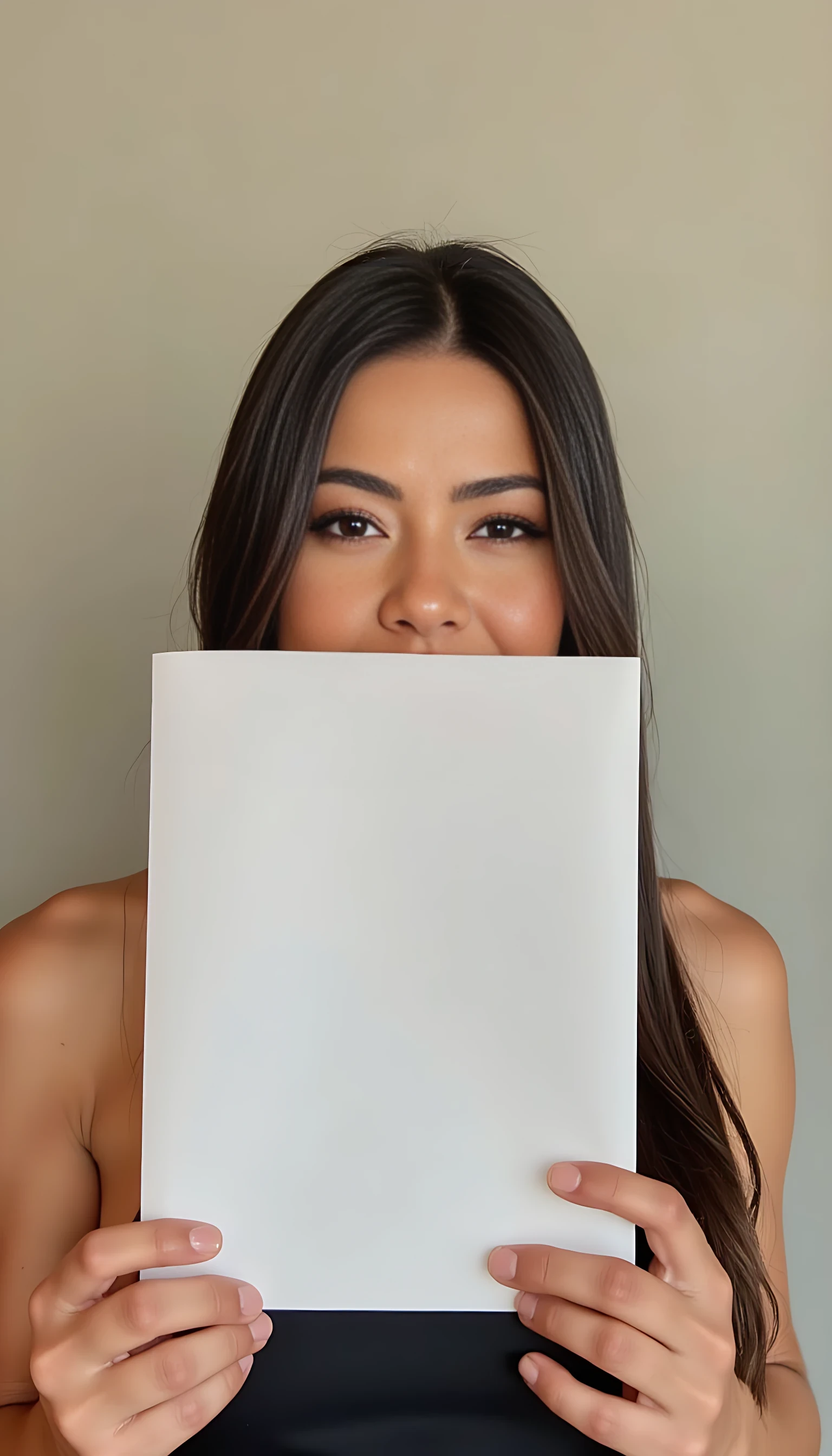 photo of woman CSTMDL, holding a piece of white paper, wall background, natural lighting, boring low quality snapchat photo circa 2015, selfie, cute woman 
