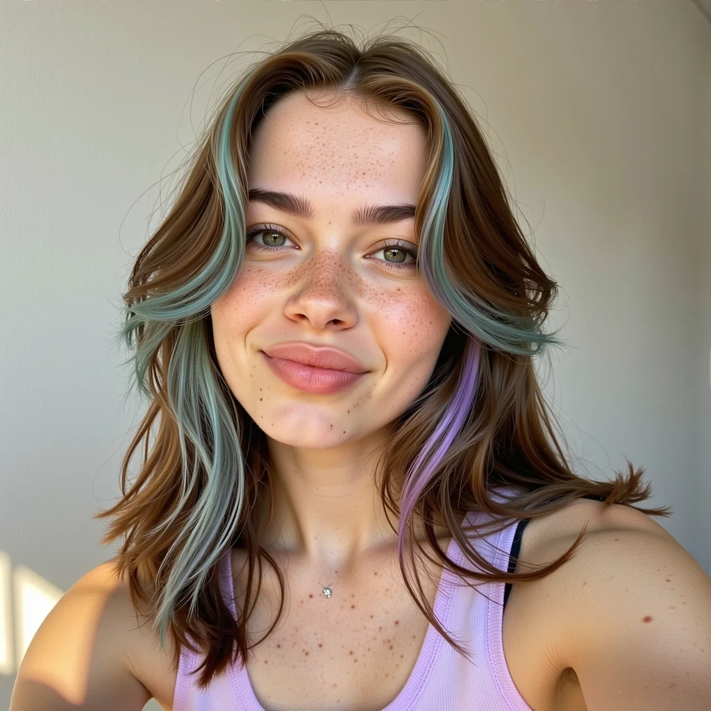 boring low quality snapchat photo circa 2015 Close-up photo of a young woman in her early 20s, slim-thick proportions, messy brunette hair with neon blue and purple streaks framing her face. Wearing a cropped pastel lavender tank top. She is leaning slightly toward the camera, playfully biting her lip with a mischievous smirk, direct eye contact with the lens. Her skin shows natural freckles across her nose and cheeks, visible pores, and a soft sheen from warm daylight. Subtle eyeliner and glossy lips highlight her features. The photo is taken indoors against a plain seamless wall, with soft golden sunlight filtering from a nearby window, catching the strands of her hair and giving her cheekbones a warm glow. Sharp focus on her face with slight background blur, amateur photography.