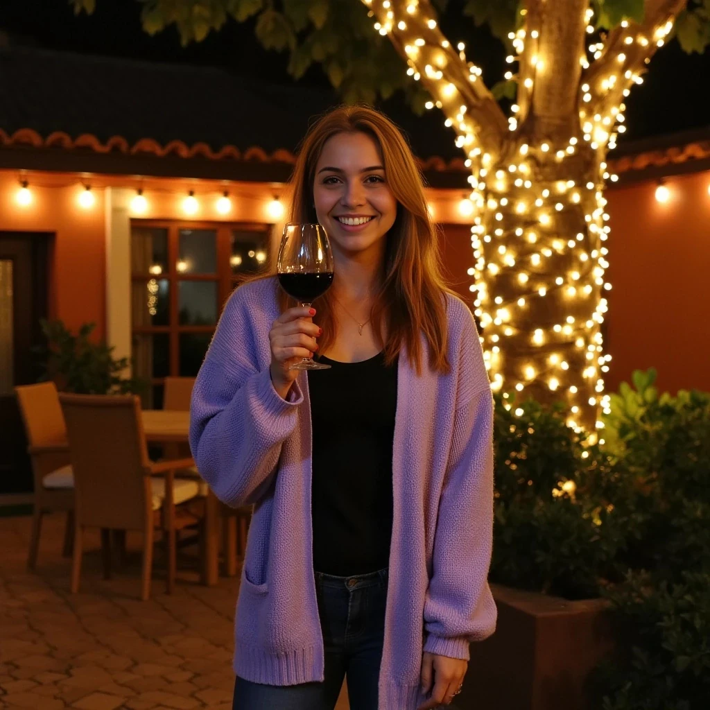 A full body shot photo of a latina woman standing outdoors at a cozy, warmly lit patio in the evening, with soft, glowing lights wrapped around a tree behind them creating a charming atmosphere. The image is rich in detail, with warm tones and clear textures throughout. The woman has fair skin, a slim build, and long reddish-blonde hair, also worn loose. She is smiling warmly at the camera, holding a glass of red wine in her right hand, and wears a soft-textured lavender cardigan over a black top. The background features a large tree with sparkling string lights wrapped around its trunk and branches, adding a magical touch to the scene. The setting suggests a private outdoor seating area, with elements like terracotta-tiled roofing, greenery, and rattan chairs contributing to a serene, inviting vibe. The overall composition is balanced, with the woman framed against the softly glowing tree, and the lighting enhances the warm, intimate feel of a quiet evening shared among friends. The details are vivid, with textures of clothing, skin, and background elements clearly visible, while the warm lighting creates a relaxed and joyful mood