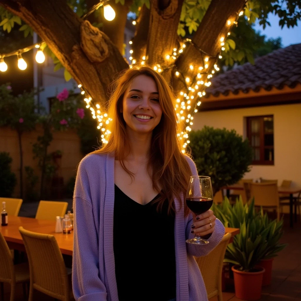 A full body shot photo of a latina woman standing outdoors at a cozy, warmly lit patio in the evening, with soft, glowing lights wrapped around a tree behind them creating a charming atmosphere. The image is rich in detail, with warm tones and clear textures throughout. The woman has fair skin, a slim build, and long reddish-blonde hair, also worn loose. She is smiling warmly at the camera, holding a glass of red wine in her right hand, and wears a soft-textured lavender cardigan over a black top. The background features a large tree with sparkling string lights wrapped around its trunk and branches, adding a magical touch to the scene. The setting suggests a private outdoor seating area, with elements like terracotta-tiled roofing, greenery, and rattan chairs contributing to a serene, inviting vibe. The overall composition is balanced, with the woman framed against the softly glowing tree, and the lighting enhances the warm, intimate feel of a quiet evening shared among friends. The details are vivid, with textures of clothing, skin, and background elements clearly visible, while the warm lighting creates a relaxed and joyful mood
