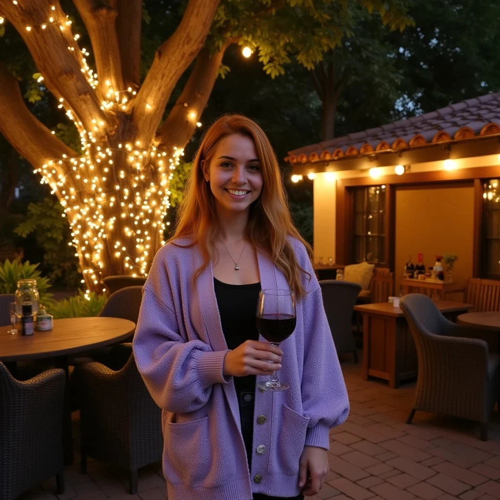 A full body shot photo of a latina woman standing outdoors at a cozy, warmly lit patio in the evening, with soft, glowing lights wrapped around a tree behind them creating a charming atmosphere. The image is rich in detail, with warm tones and clear textures throughout. The woman has fair skin, a slim build, and long reddish-blonde hair, also worn loose. She is smiling warmly at the camera, holding a glass of red wine in her right hand, and wears a soft-textured lavender cardigan over a black top. The background features a large tree with sparkling string lights wrapped around its trunk and branches, adding a magical touch to the scene. The setting suggests a private outdoor seating area, with elements like terracotta-tiled roofing, greenery, and rattan chairs contributing to a serene, inviting vibe. The overall composition is balanced, with the woman framed against the softly glowing tree, and the lighting enhances the warm, intimate feel of a quiet evening shared among friends. The details are vivid, with textures of clothing, skin, and background elements clearly visible, while the warm lighting creates a relaxed and joyful mood