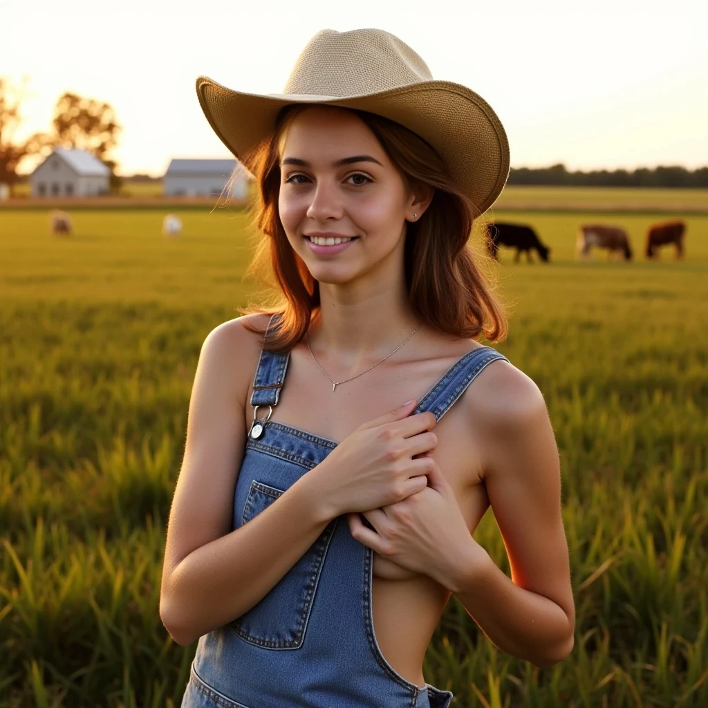 boring low quality snapchat photo circa 2015, young college girl wearing only denim bib in a farmer's hat, standing in a suggestive pose. The scene is set on a farm, with an open field stretching behind her, dotted with crops and a distant barn visible on the horizon. Few scattered farm animals like cows and chickens can be seen grazing and roaming in the background. The light from the setting sun gives a soft orange glow across her face and upper body, casting long shadows across the field. The overall ambiance is relaxed and candid, evoking a casual rural atmosphere.