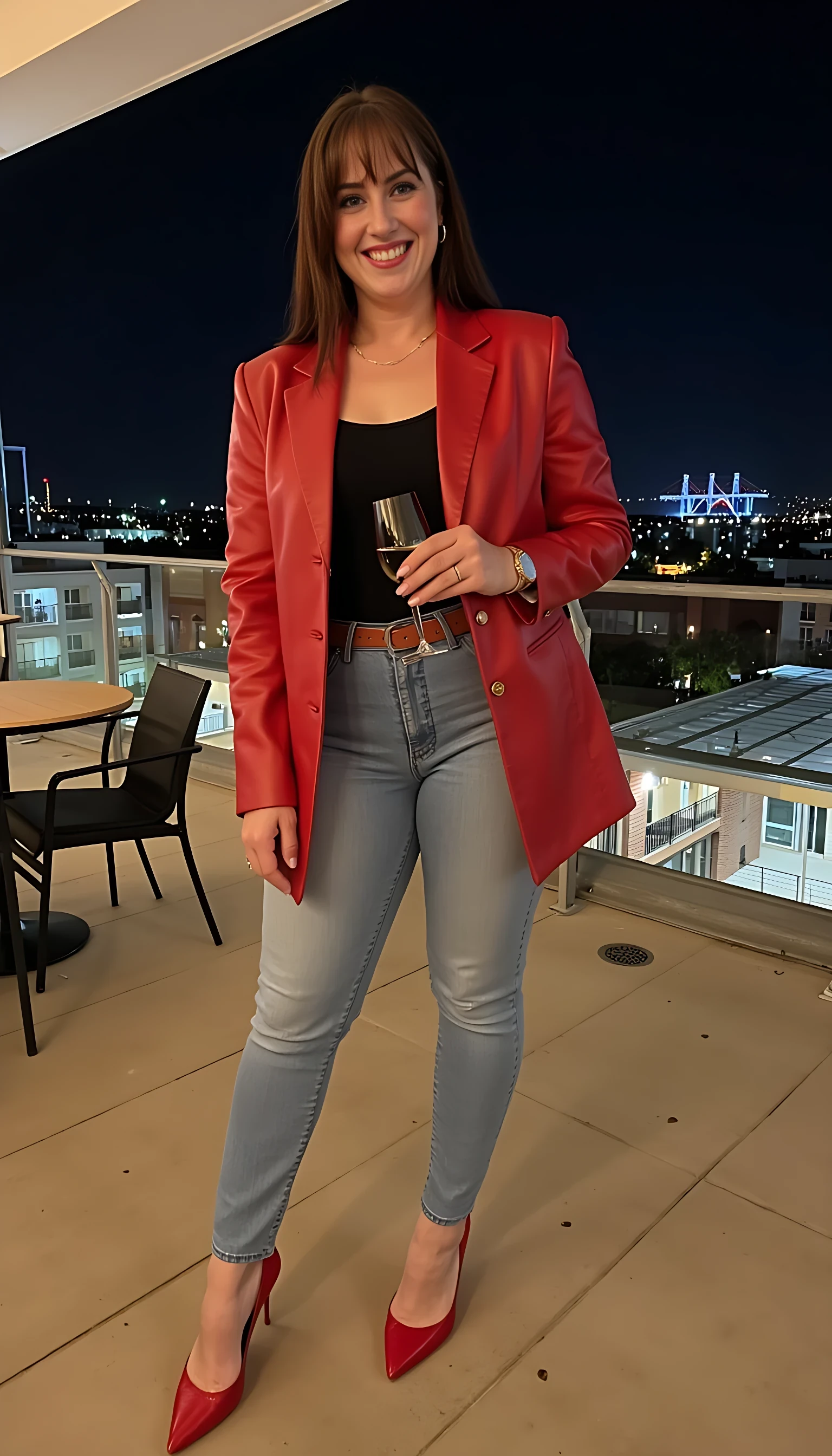  CSTMDL women curby body  blue eyes wearing light blue jeans and  red Ferrari jacket and Black undershirt red high heels wearing a rolex watch standing  smiling on a nice rooftop restaurant  with a glass of wine  night light background 