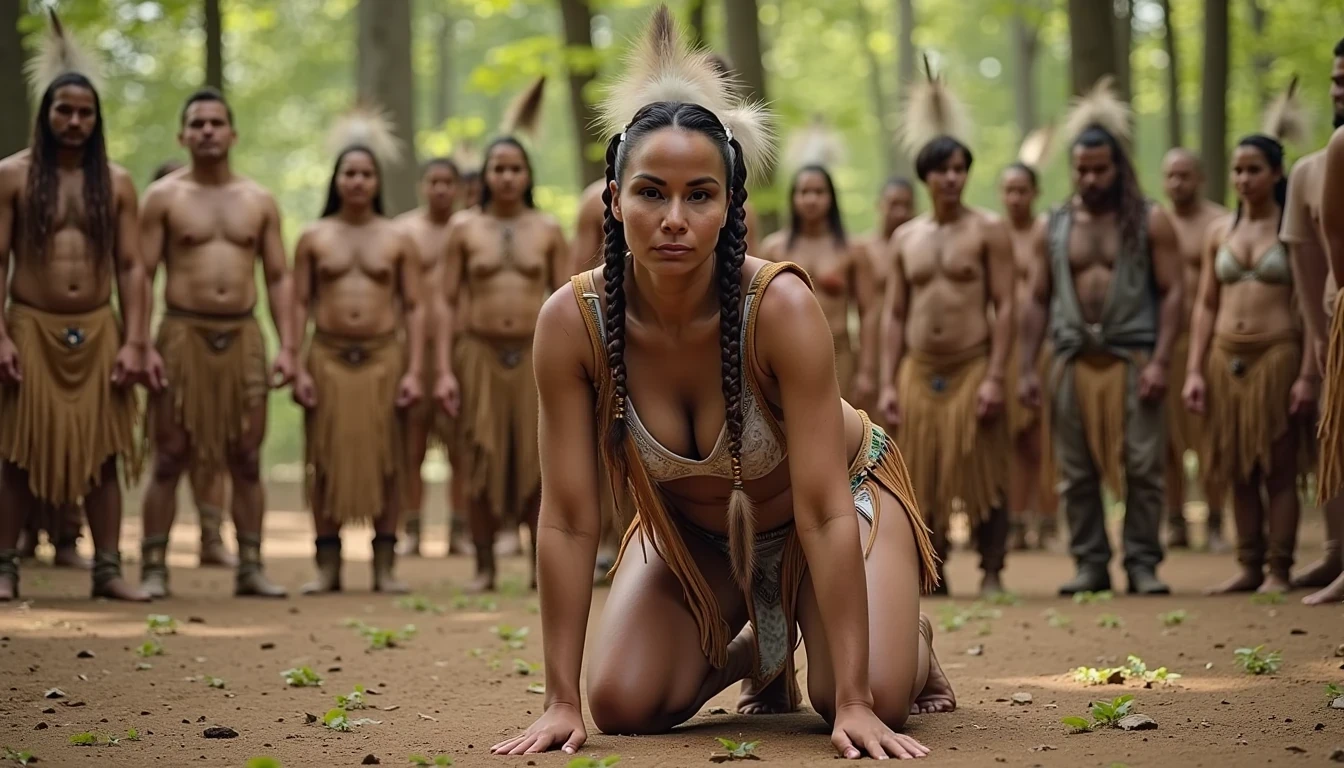 photo of woman CSTMDL, a medium shot photo of, a slim woman, her full body is in the scene, she has a slender petite build with petite small boobs and a flat chest, she has small dark skin nipples with long pointy nipple ducts and small dark skinned areolas, her hair is styled with two long braids she has eagle plumes in her hair, she is not wearing earrings, she is wearing daisy duke denim booty shorts, she is wearing a native American style vest in a golden yellow color over top of her underwear, she is holding her vest open exposing her strapless bra, her bra is a strapless white lace bra, she is wearing a fringe breechcloth in a golden yellow color, she is wearing ankle height smoked hide moccasins, natural lighting, natural light, amateur photography, shot on an iPhone, she is posing bent over on all fours on the ground with her legs spread apart in in a wooded area in front of a fat native American man, she is maintaining intense eye contact with the camera, a fat native American man is directly behind her while other fat native American men form a lineup,  public setting, Hyper realism, 16k, uhd, ultra-sharp focus, perfect meshes and textures, highly detailed, highly accurate reflections, natural lighting, natural light, amateur photography, 
