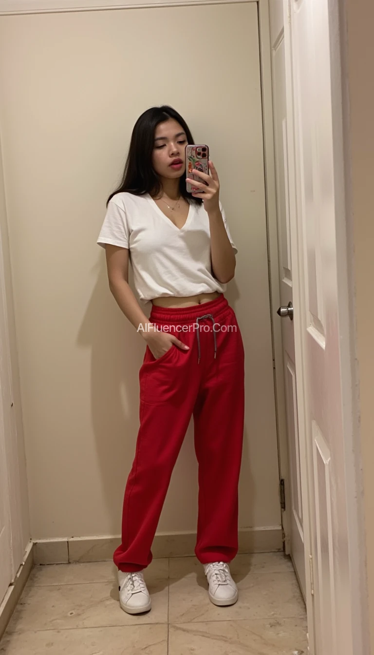 boring low quality snapchat photo circa 2015, cute woman, neutral face, young, asian filipina, soft dark hair, lifted shirt, white t-shirt, red jogging pants, white sneaker shoes, revealing breasts, large breasts, holding cellphone for a selfie, facing mirror, standing in a bathroom
