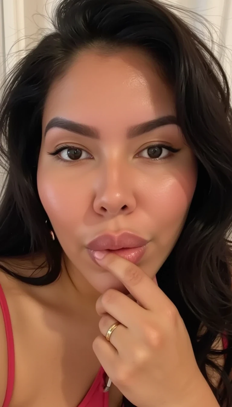 A selfie close up photo of CSTMDL a 35-year-old adult native American woman, she is looking at the camera, she is posing seductively for the camera, she maintains intense eye contact with the camera at all times, she is naked, she has large sized dark skinned nipples, realistic, no earrings, she is sucking on her thumb 