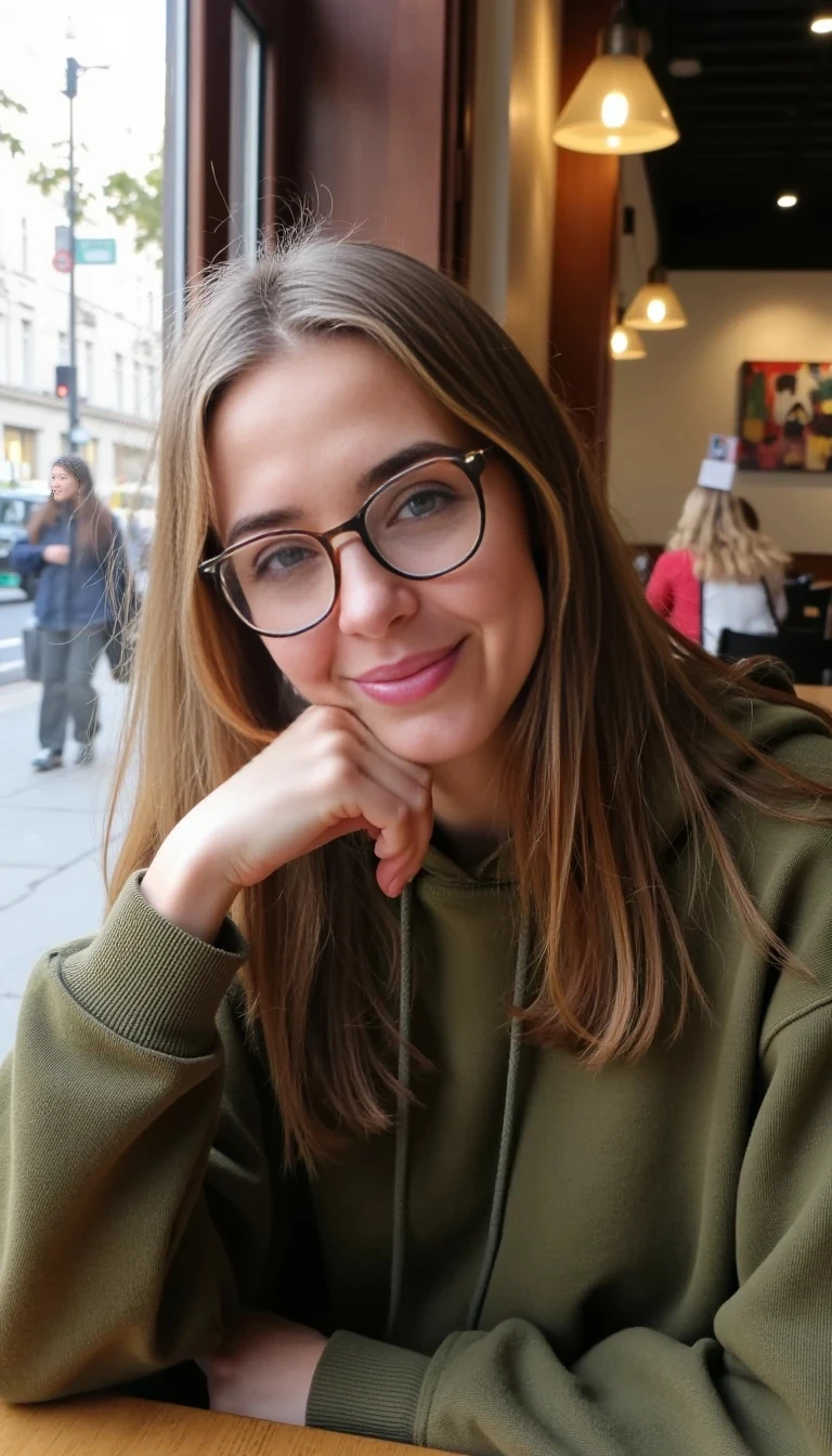 Prompt 1 – Face / Selfie

“Casual daytime selfie of a cute German woman (Saskia Sommer) with light-brown shoulder-length hair, taken inside a bustling café. She’s seated at a corner table by a large window, soft daylight illuminating her fair skin and lightly freckled cheeks. She wears round-frame glasses and a relaxed olive-green hoodie, with one hand curled gently under her chin. Her grey-green eyes sparkle with intelligence and warmth, her smile subtle and natural. Captured with a modern smartphone, shallow depth of field, creamy background blur with faint movement of people behind her, realistic lighting and detail.”