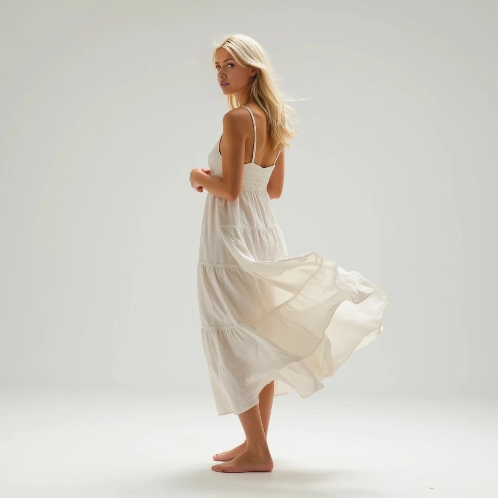 She has a slender, feminine build with gentle curves and a graceful silhouette. Her posture is relaxed yet confident, with long legs and a naturally elegant stance. Her skin is smooth and lightly sun-kissed, complementing her platinum blonde hair. She wears a light, flowy sundress that moves softly in the breeze, enhancing her natural motion. Her movements are poised and fluid, radiating warmth, confidence, and an understated charm. The overall impression is soft, balanced, and effortlessly captivating.