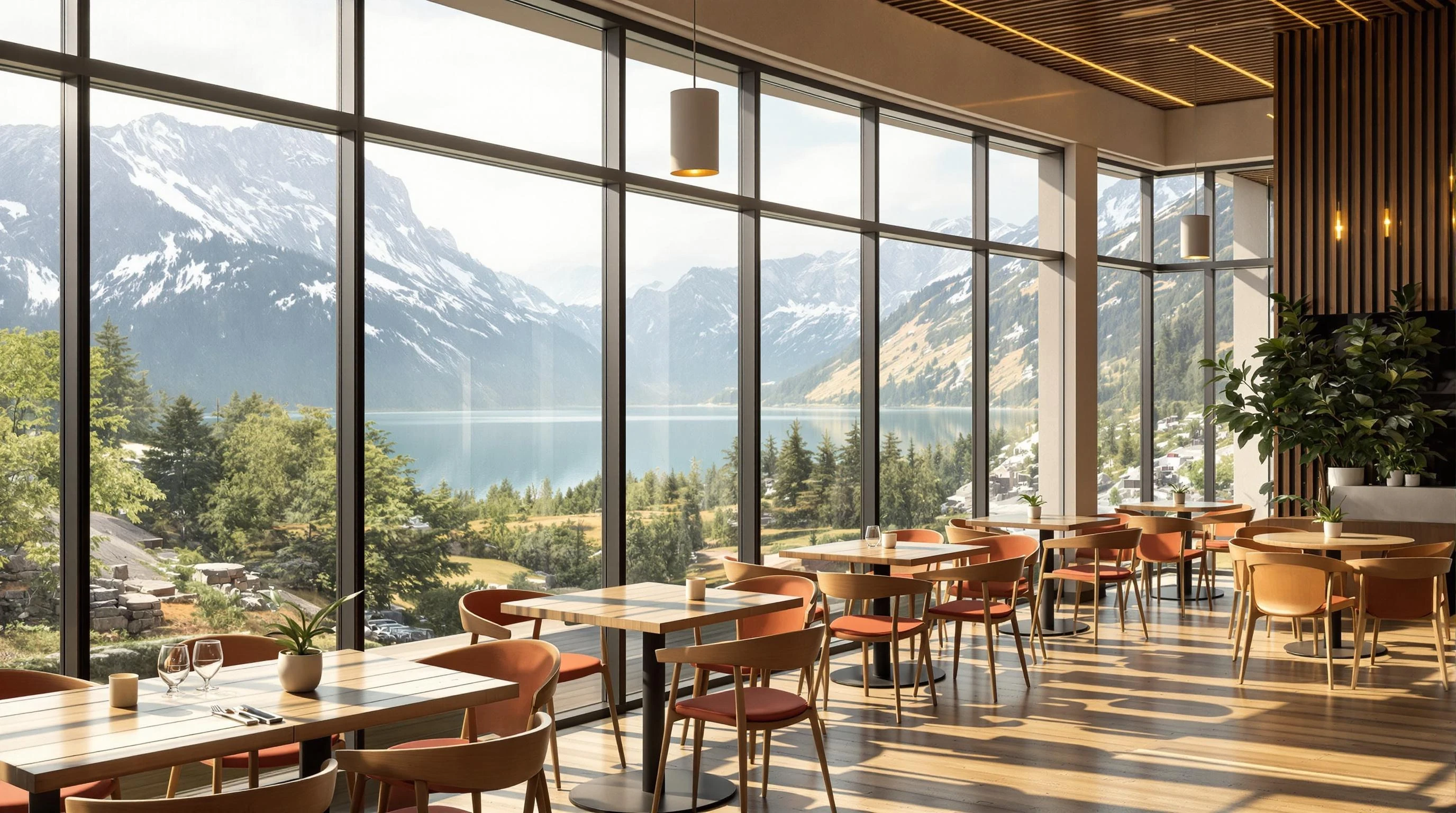 "A cozy modern café interior with wooden tables and warm lighting, large floor-to-ceiling glass windows overlooking a peaceful mountain landscape. Soft morning light coming through the windows, subtle reflections on the glass. Minimal decoration, elegant and calm atmosphere. Photo-realistic, cinematic, 4K quality. Space on the right for text overlay."