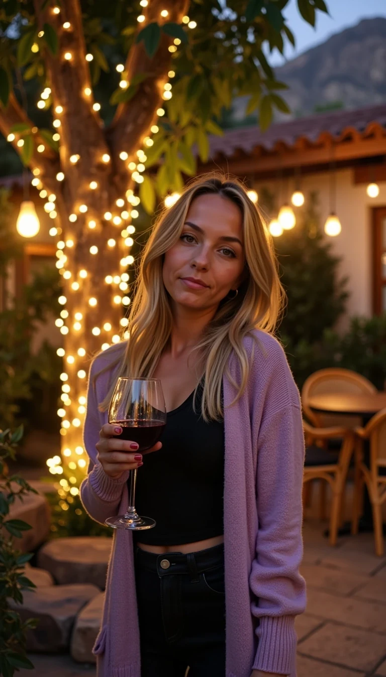 A full body shot photo of CSTMDL standing outdoors at a cozy, warmly lit patio in the evening, with soft, glowing lights wrapped around a tree behind them creating a charming atmosphere. The image is rich in detail, with warm tones and clear textures throughout. The woman has fair skin, Fit, feminine figure with soft curves, and a natural hourglass shape. She is smiling warmly at the camera, holding a glass of red wine in her right hand, and wears a soft-textured lavender cardigan over a black top. The background features a large tree with sparkling string lights wrapped around its trunk and branches, adding a magical touch to the scene. The setting suggests a private outdoor seating area, with elements like terracotta-tiled roofing, greenery, and rattan chairs contributing to a serene, inviting vibe. The overall composition is balanced, with the woman framed against the softly glowing tree, and the lighting enhances the warm, intimate feel of a quiet evening shared among friends. The details are vivid, with textures of clothing, skin, and background elements clearly visible, while the warm lighting creates a relaxed and joyful mood